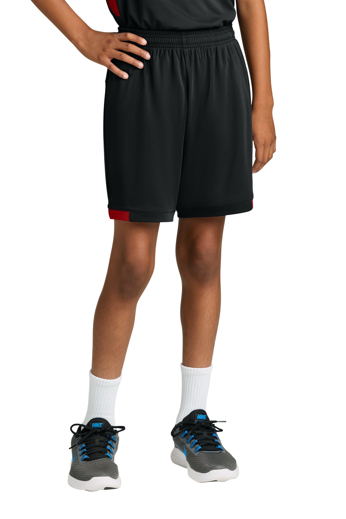 Custom Black/ Deep Red Youth Club 5" Short YST4420, personalized by SanCanDo Swag in Argyle, TX