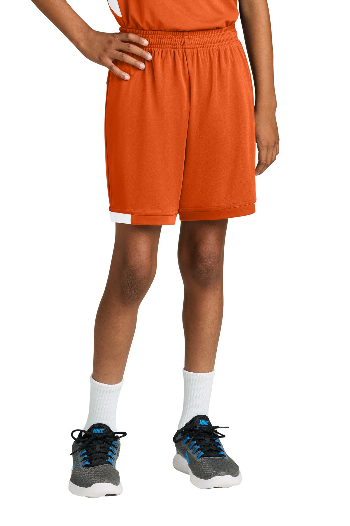 Custom Deep Orange/ White Youth Club 5" Short YST4420, personalized by SanCanDo Swag in Argyle, TX