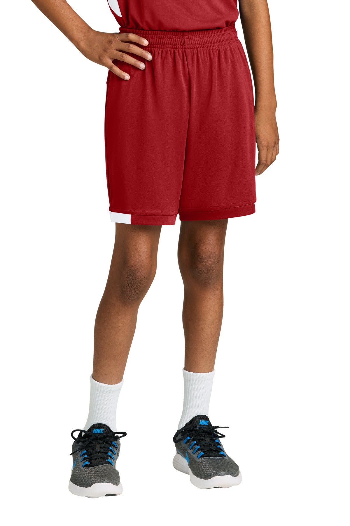 Custom Deep Red/ White Youth Club 5" Short YST4420, personalized by SanCanDo Swag in Argyle, TX