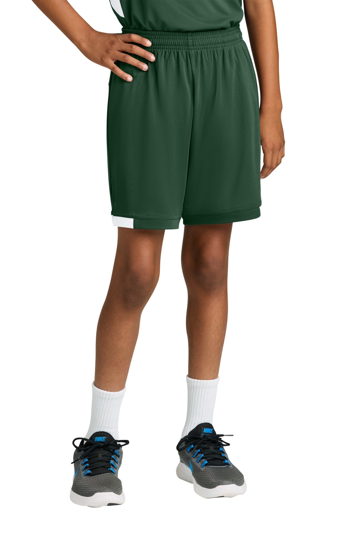 Custom Forest Green/ White Youth Club 5" Short YST4420, personalized by SanCanDo Swag in Argyle, TX