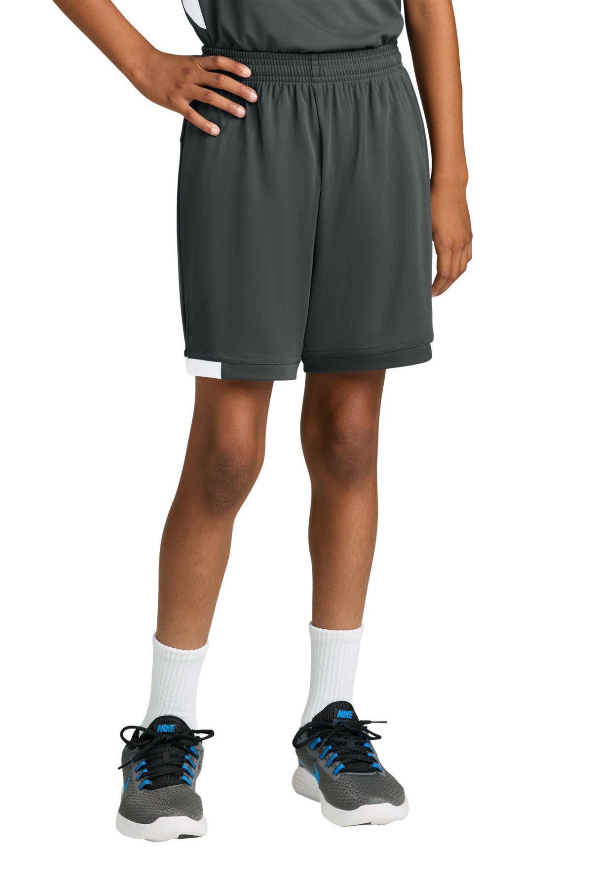 Custom Iron Grey/ White Youth Club 5" Short YST4420, personalized by SanCanDo Swag in Argyle, TX