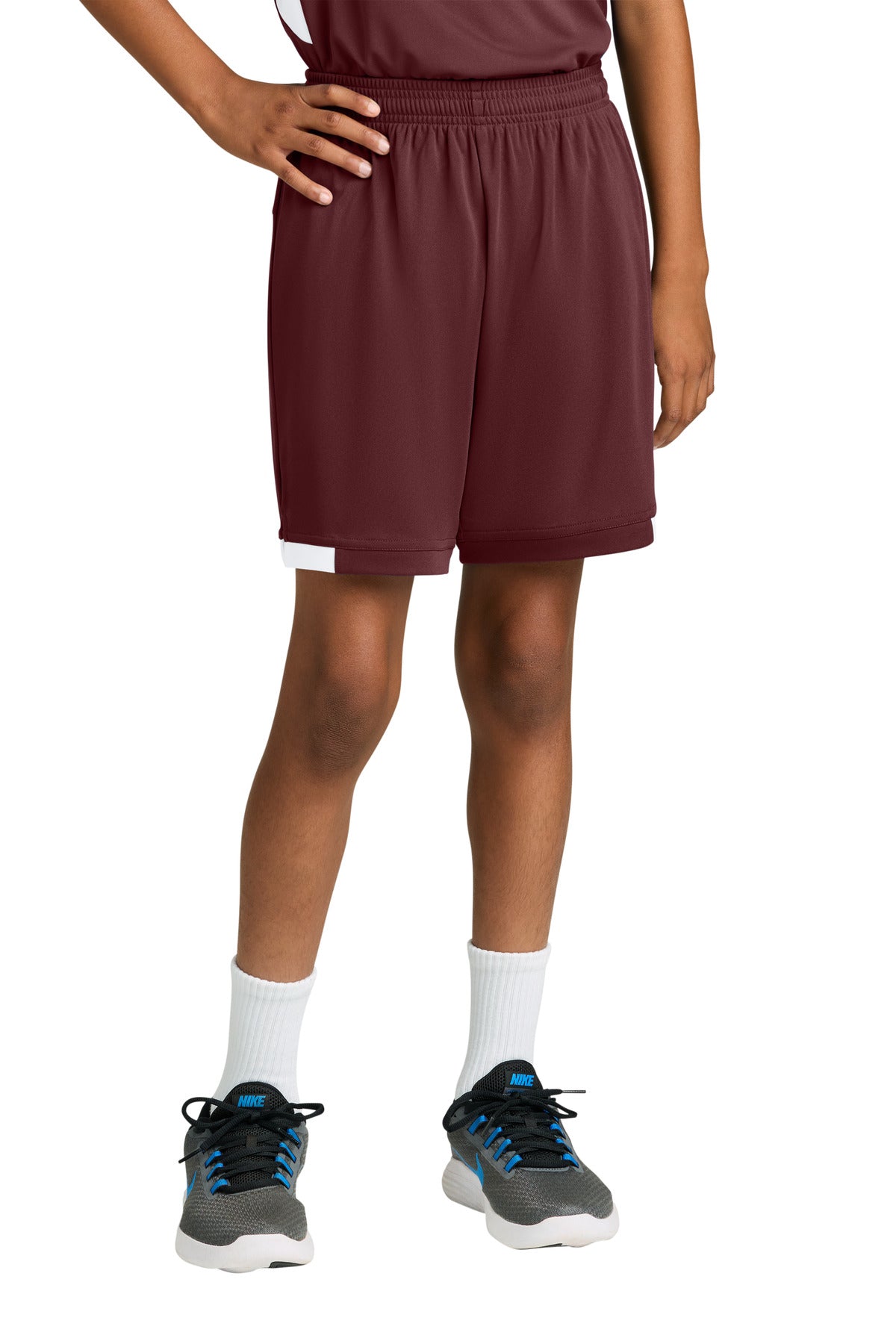 Custom Maroon/ White Youth Club 5" Short YST4420, personalized by SanCanDo Swag in Argyle, TX