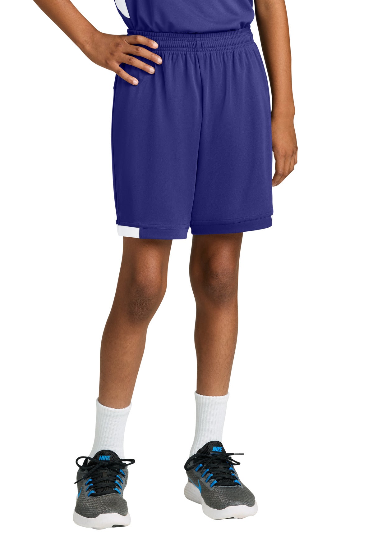 Custom Purple/ White Youth Club 5" Short YST4420, personalized by SanCanDo Swag in Argyle, TX