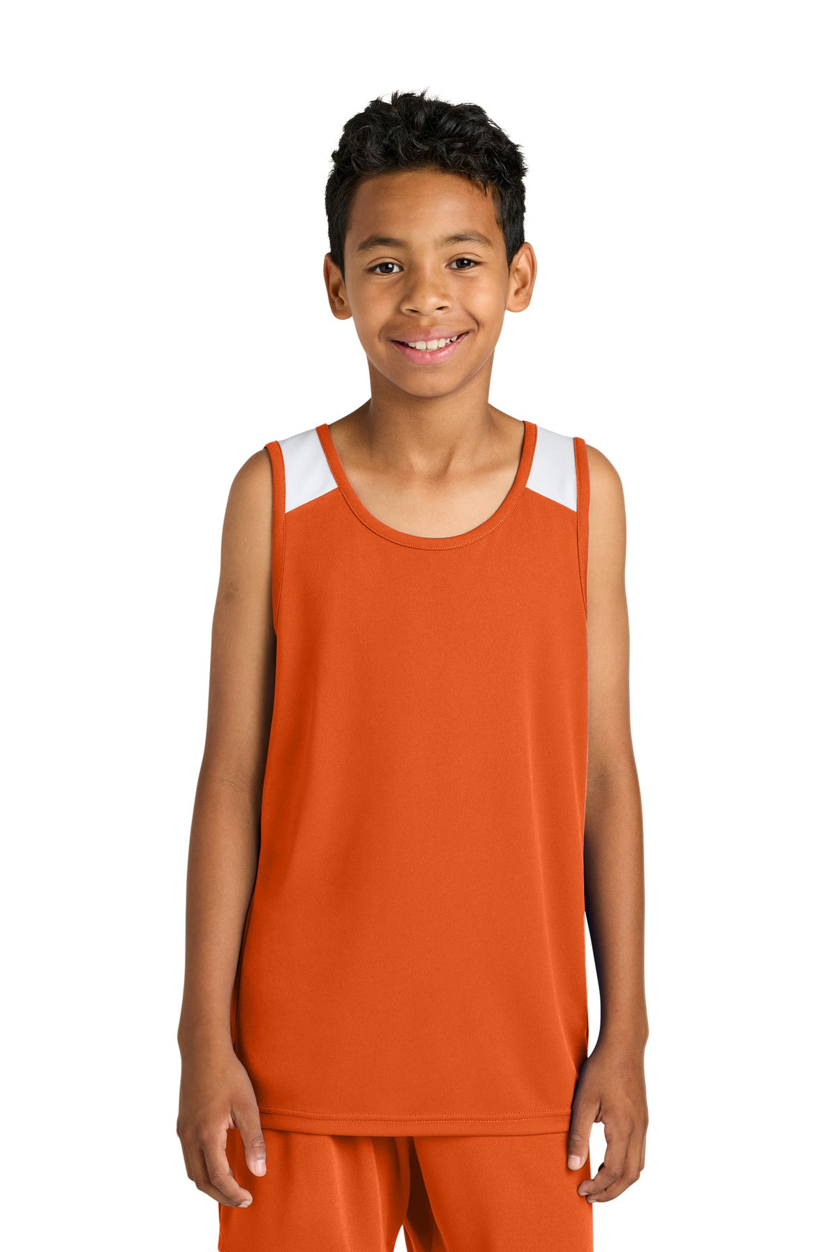 Custom Deep Orange/ White Youth Club Track Tank YST446, personalized by SanCanDo Swag in Argyle, TX