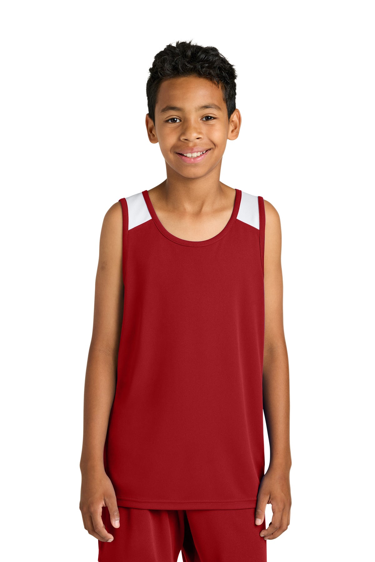 Custom Deep Red/ White Youth Club Track Tank YST446, personalized by SanCanDo Swag in Argyle, TX