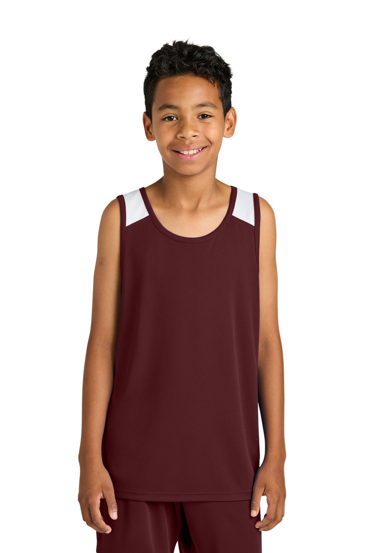 Custom Maroon/ White Youth Club Track Tank YST446, personalized by SanCanDo Swag in Argyle, TX