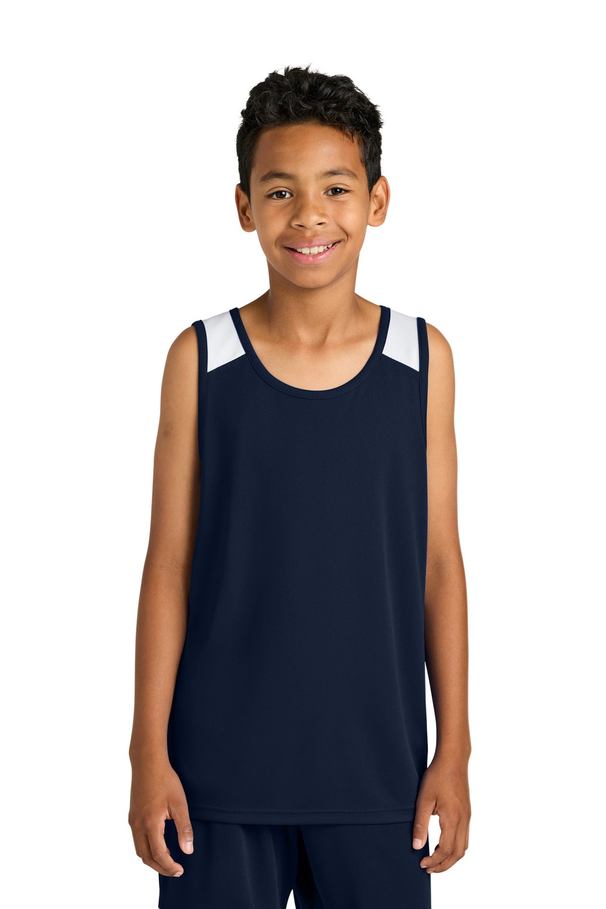 Custom True Navy/ White Youth Club Track Tank YST446, personalized by SanCanDo Swag in Argyle, TX