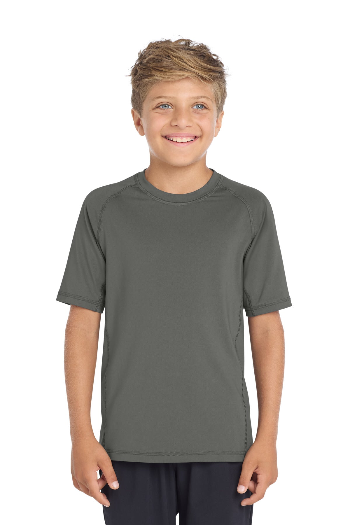 Custom Dark Smoke Grey Youth Rashguard Tee YST470, personalized by SanCanDo Swag in Argyle, TX