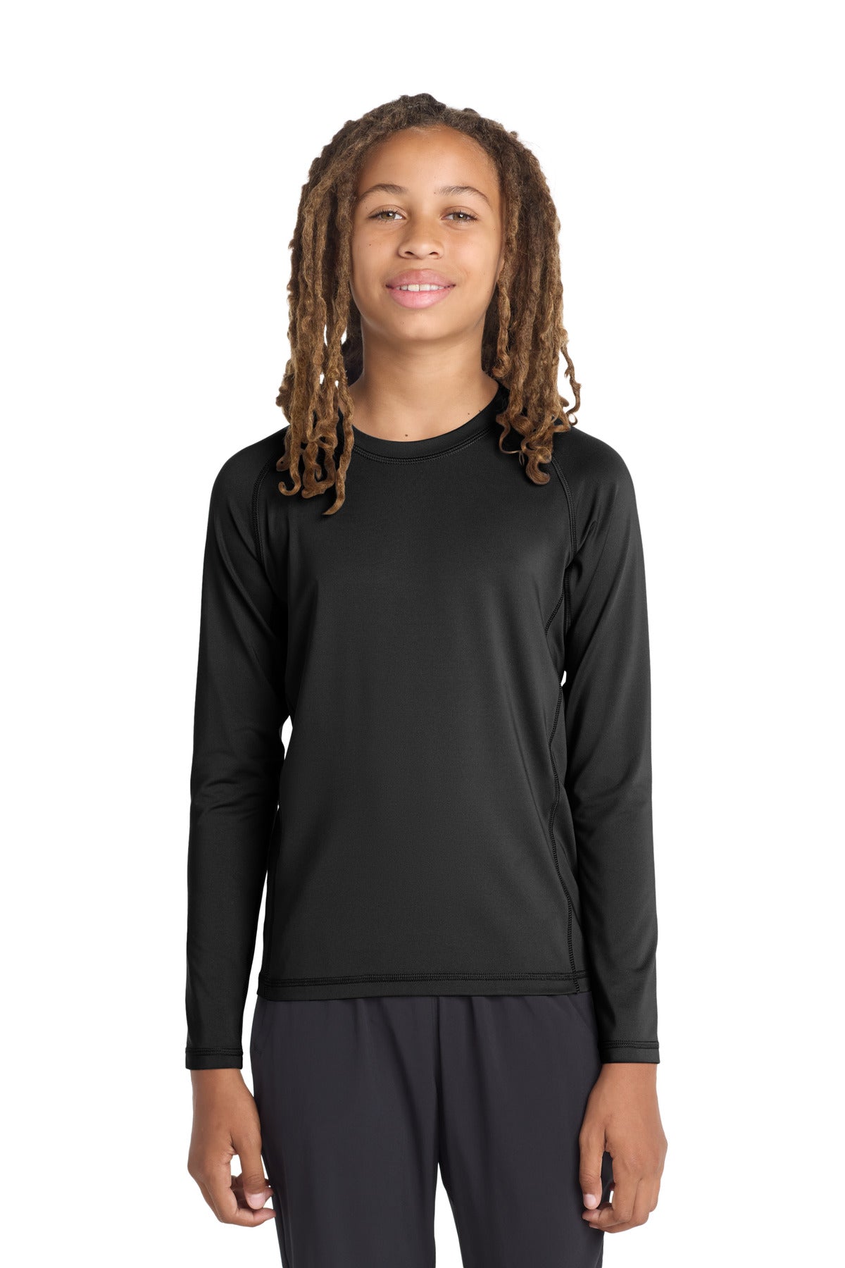 Custom Black Youth Long Sleeve Rashguard Tee YST470LS, personalized by SanCanDo Swag in Argyle, TX
