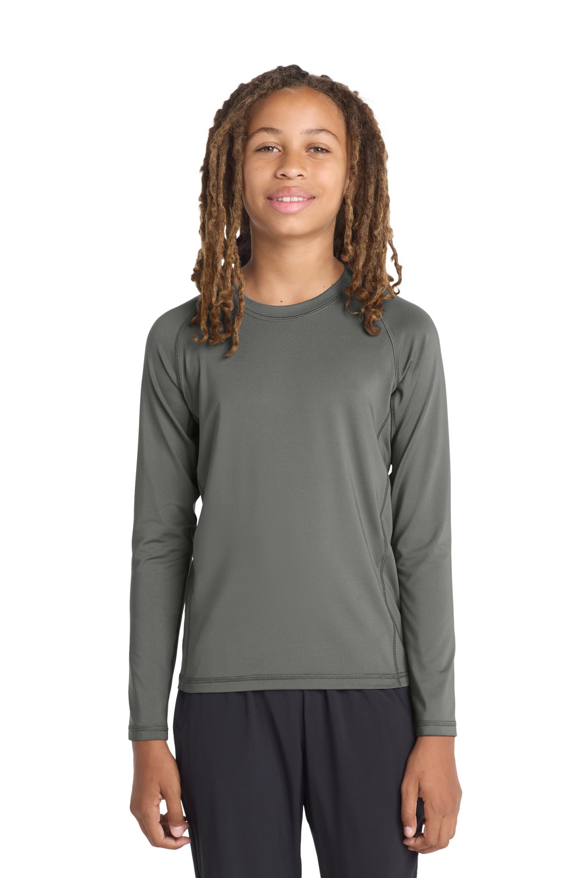 Custom Dark Smoke Grey Youth Long Sleeve Rashguard Tee YST470LS, personalized by SanCanDo Swag in Argyle, TX