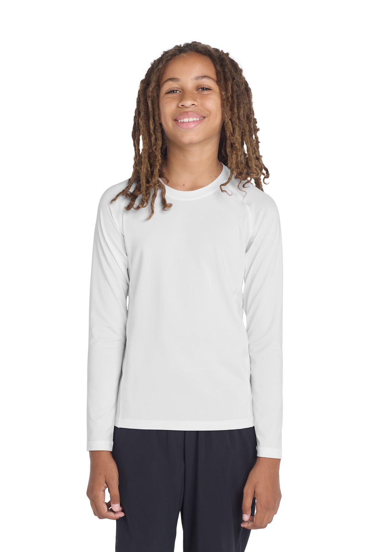Custom White Youth Long Sleeve Rashguard Tee YST470LS, personalized by SanCanDo Swag in Argyle, TX