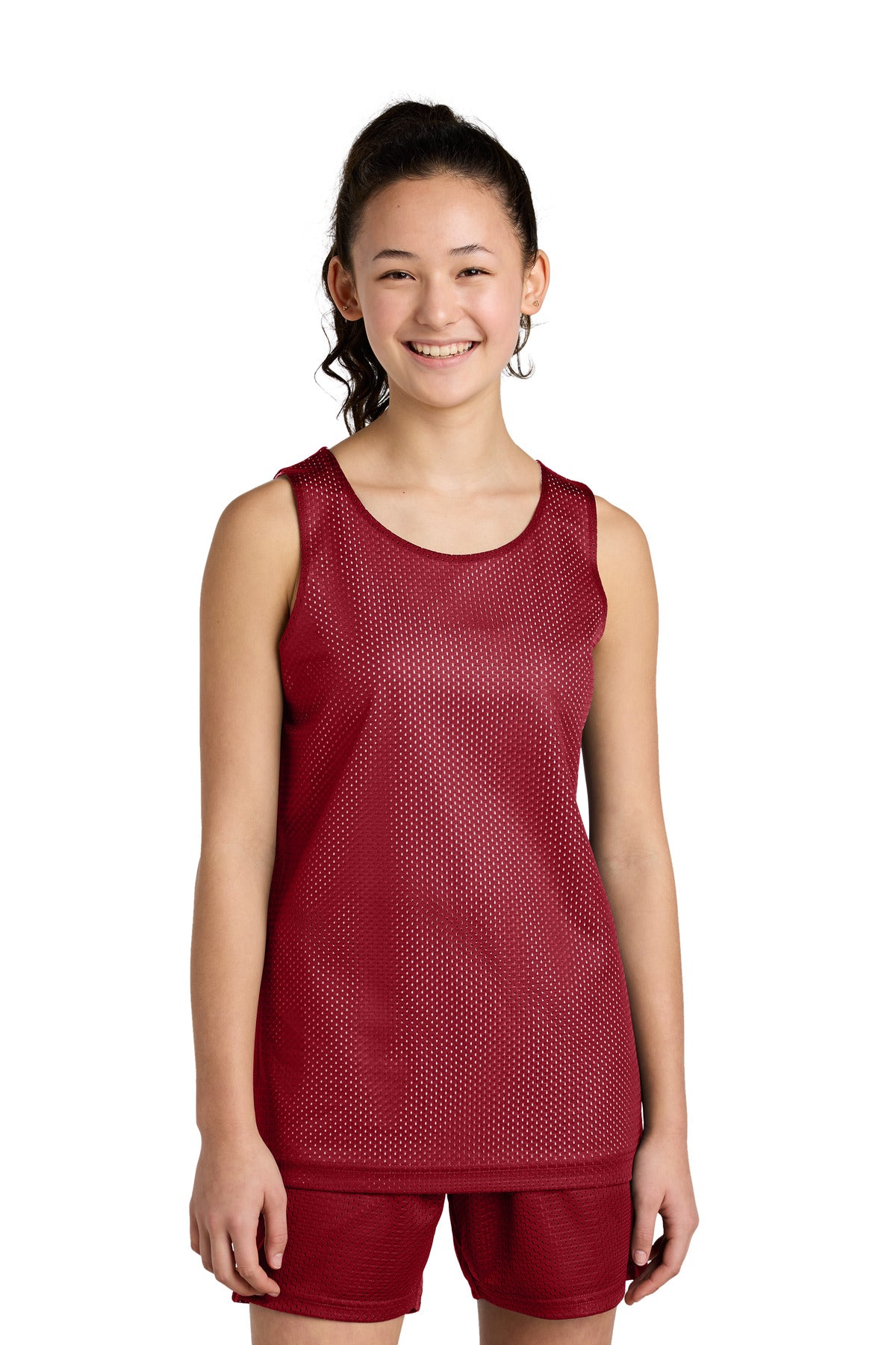 Custom Deep Red/ White Youth PosiCharge Reversible Mesh Tank YST5000, personalized by SanCanDo Swag in Argyle, TX