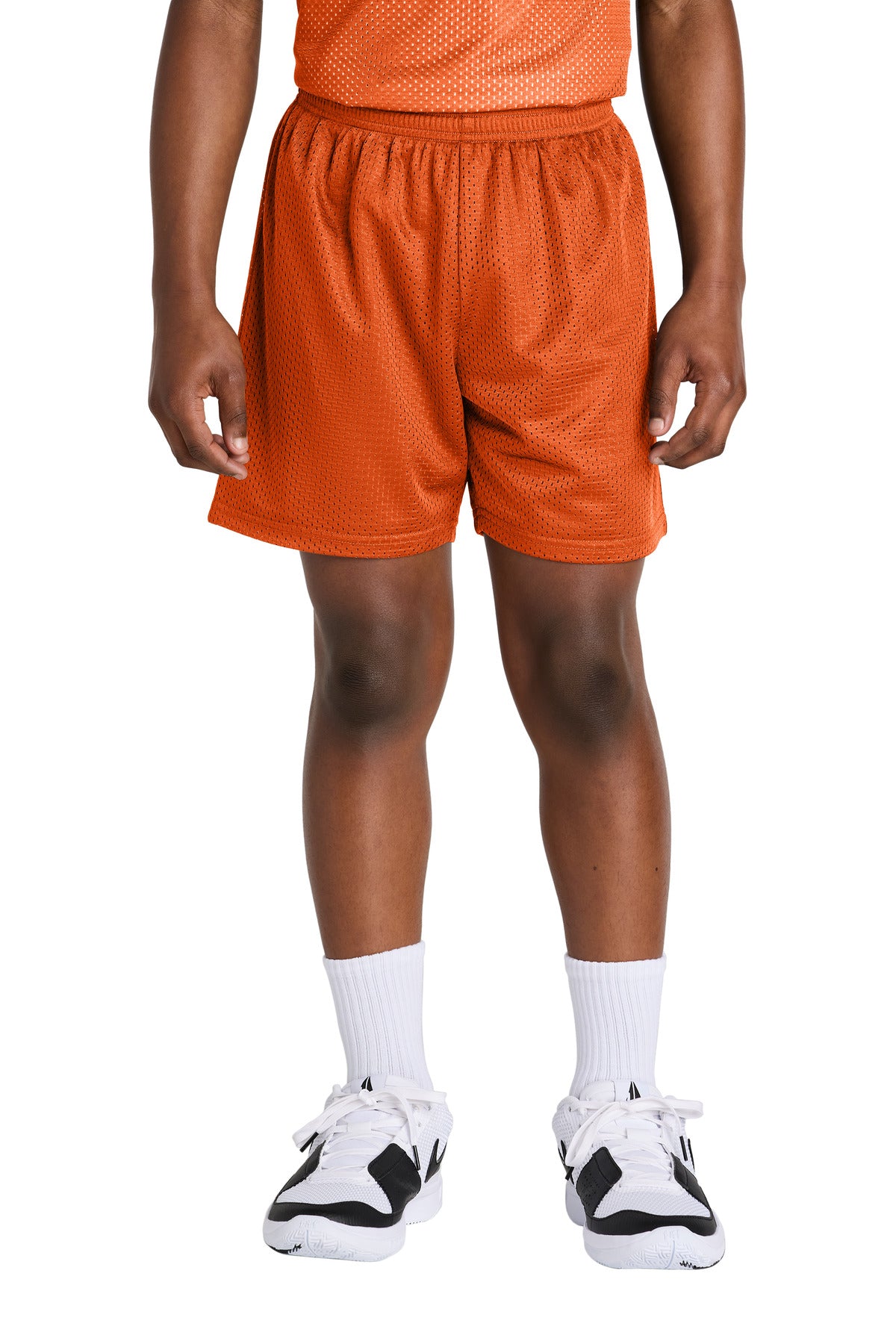 Custom Deep Orange Youth PosiCharge Mesh 5" Short YST5100, personalized by SanCanDo Swag in Argyle, TX