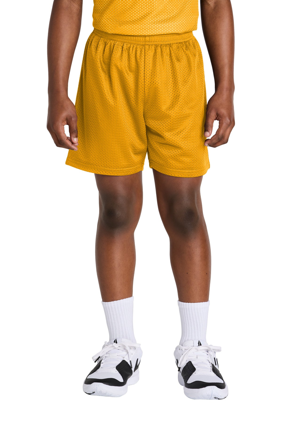 Custom Gold Youth PosiCharge Mesh 5" Short YST5100, personalized by SanCanDo Swag in Argyle, TX