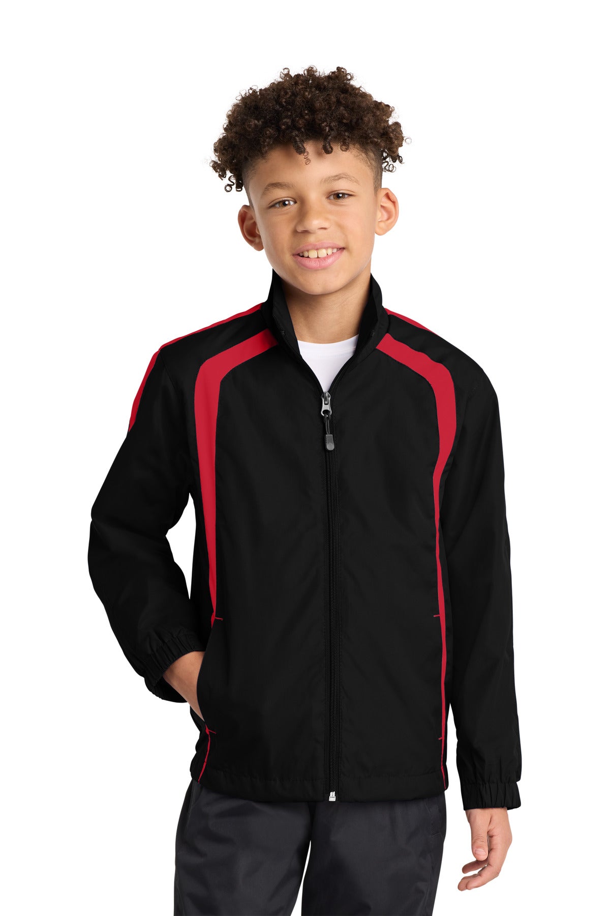 Custom Black/ True Red Youth Colorblock Raglan Jacket YST60, personalized by SanCanDo Swag in Argyle, TX