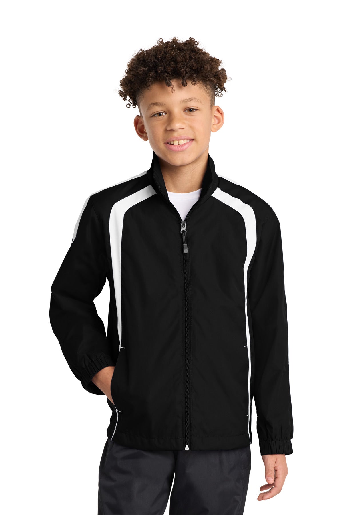 Custom Black/ White Youth Colorblock Raglan Jacket YST60, personalized by SanCanDo Swag in Argyle, TX