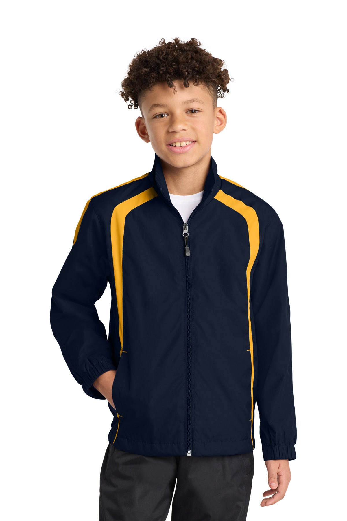 Custom True Navy/ Gold Youth Colorblock Raglan Jacket YST60, personalized by SanCanDo Swag in Argyle, TX
