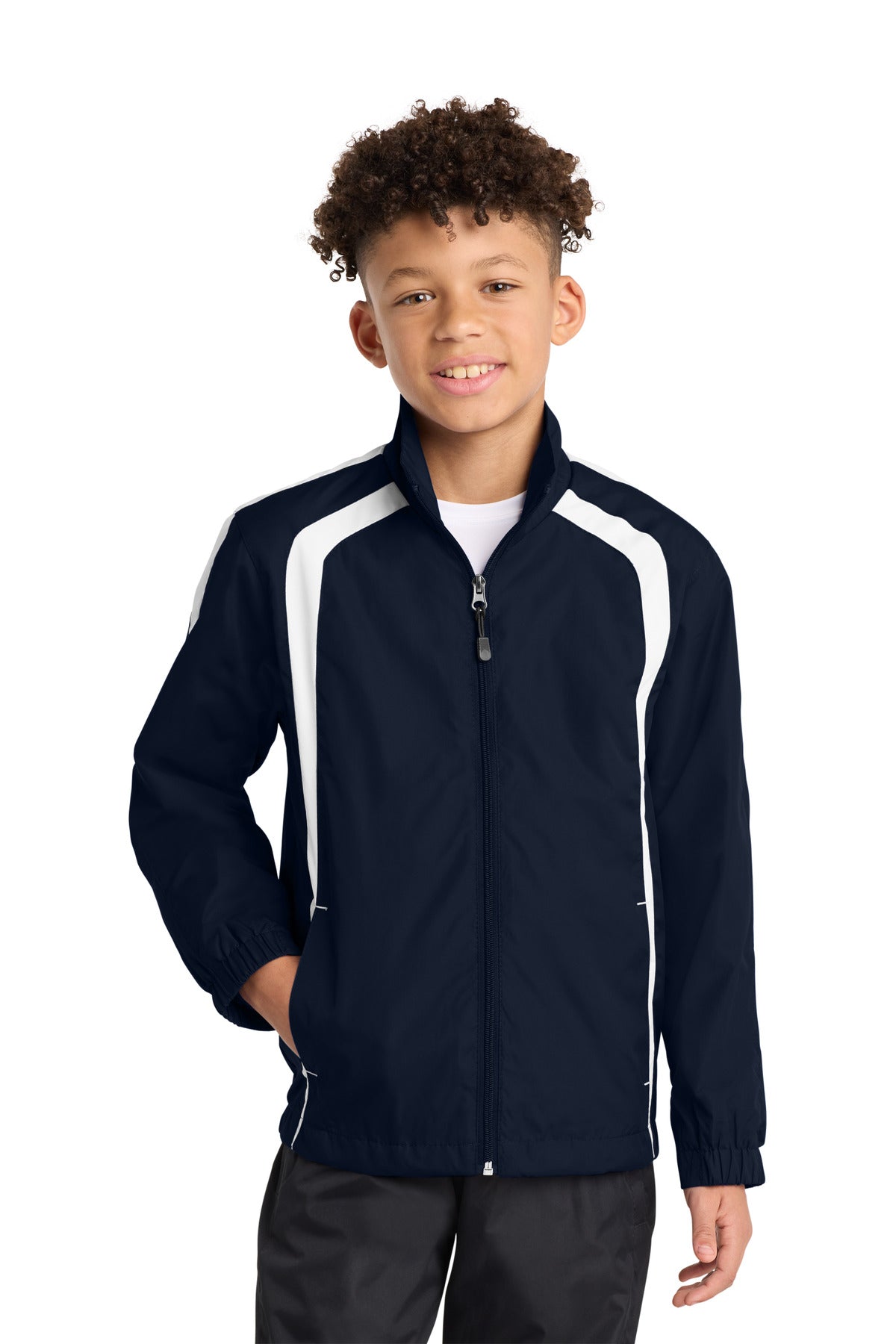 Custom True Navy/ White Youth Colorblock Raglan Jacket YST60, personalized by SanCanDo Swag in Argyle, TX
