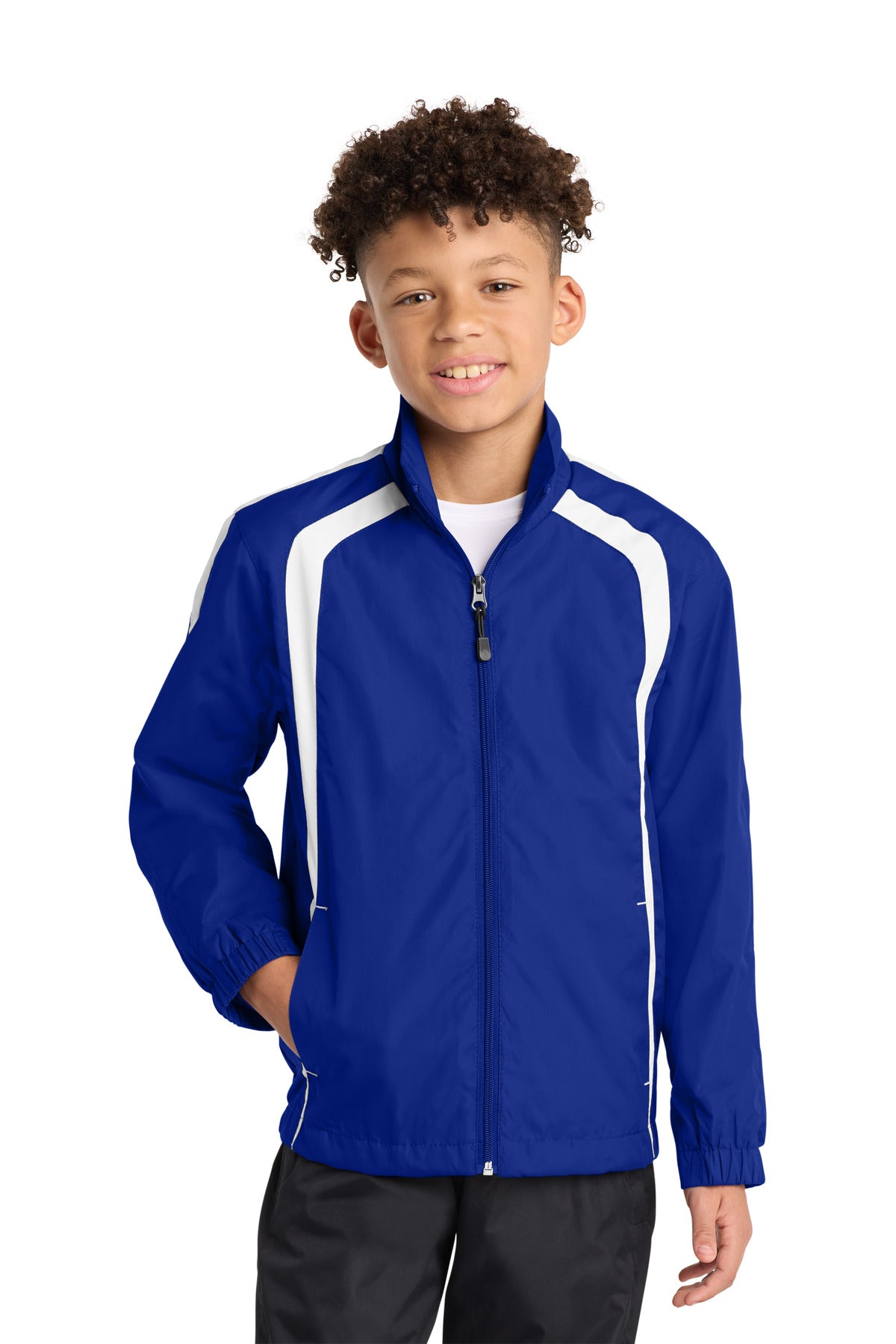 Custom True Royal/ White Youth Colorblock Raglan Jacket YST60, personalized by SanCanDo Swag in Argyle, TX