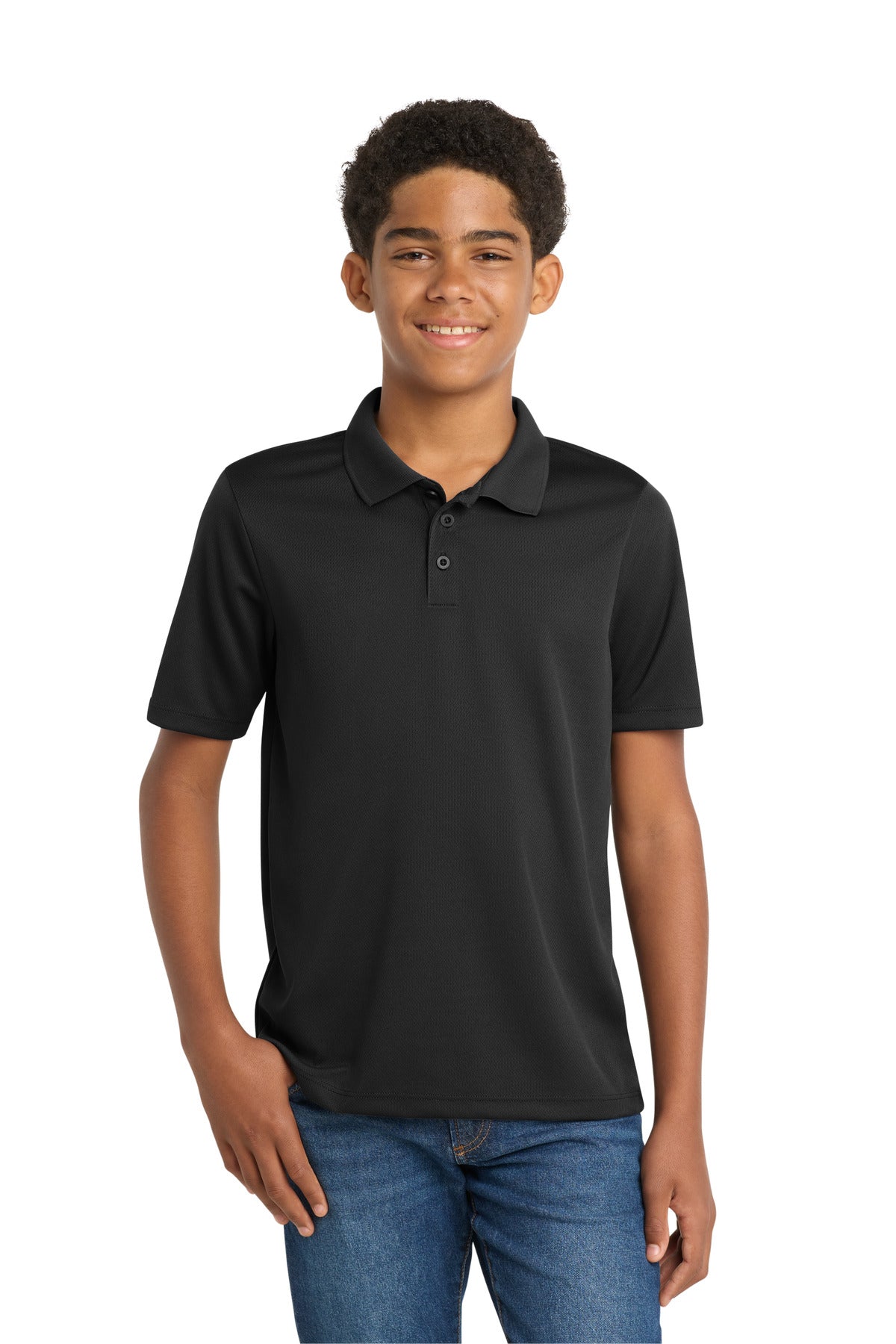 Custom Black Youth PosiCharge RacerMesh Polo YST640, personalized by SanCanDo Swag in Argyle, TX