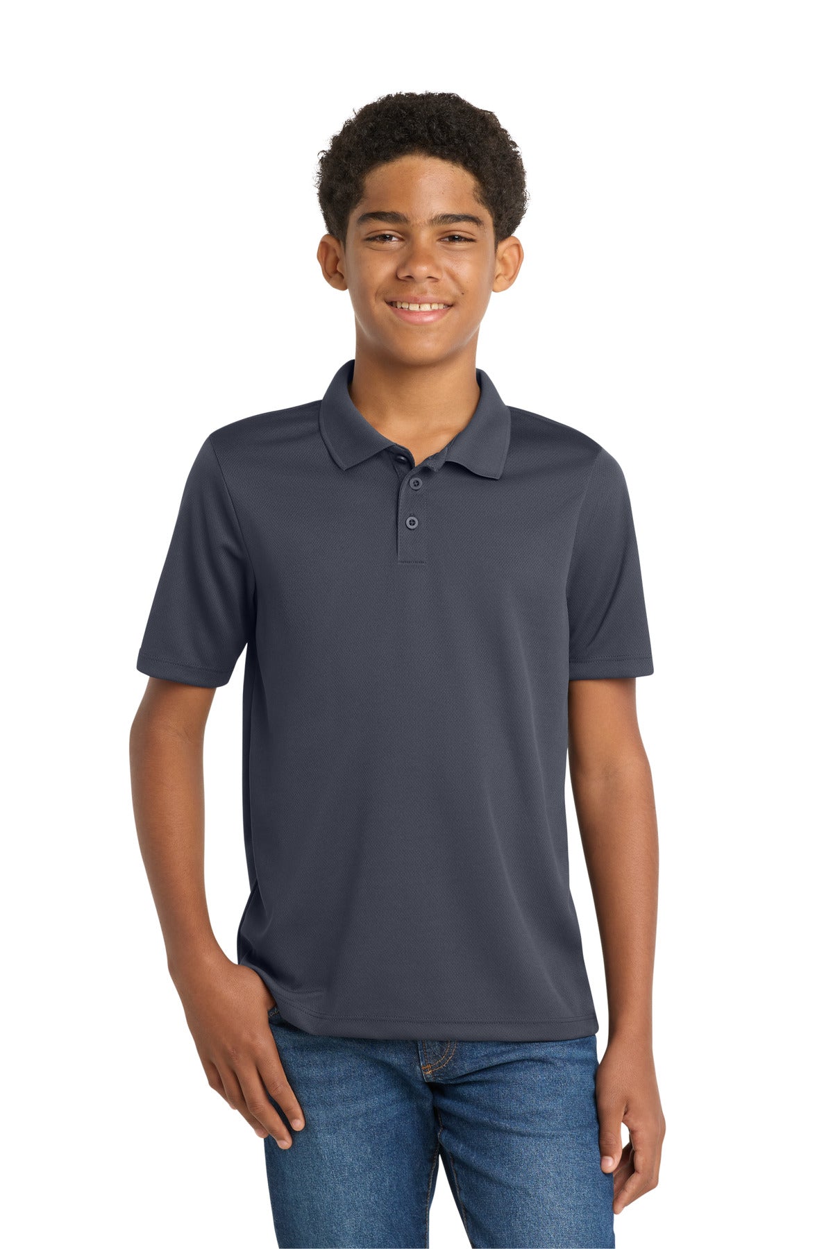 Custom Graphite Youth PosiCharge RacerMesh Polo YST640, personalized by SanCanDo Swag in Argyle, TX