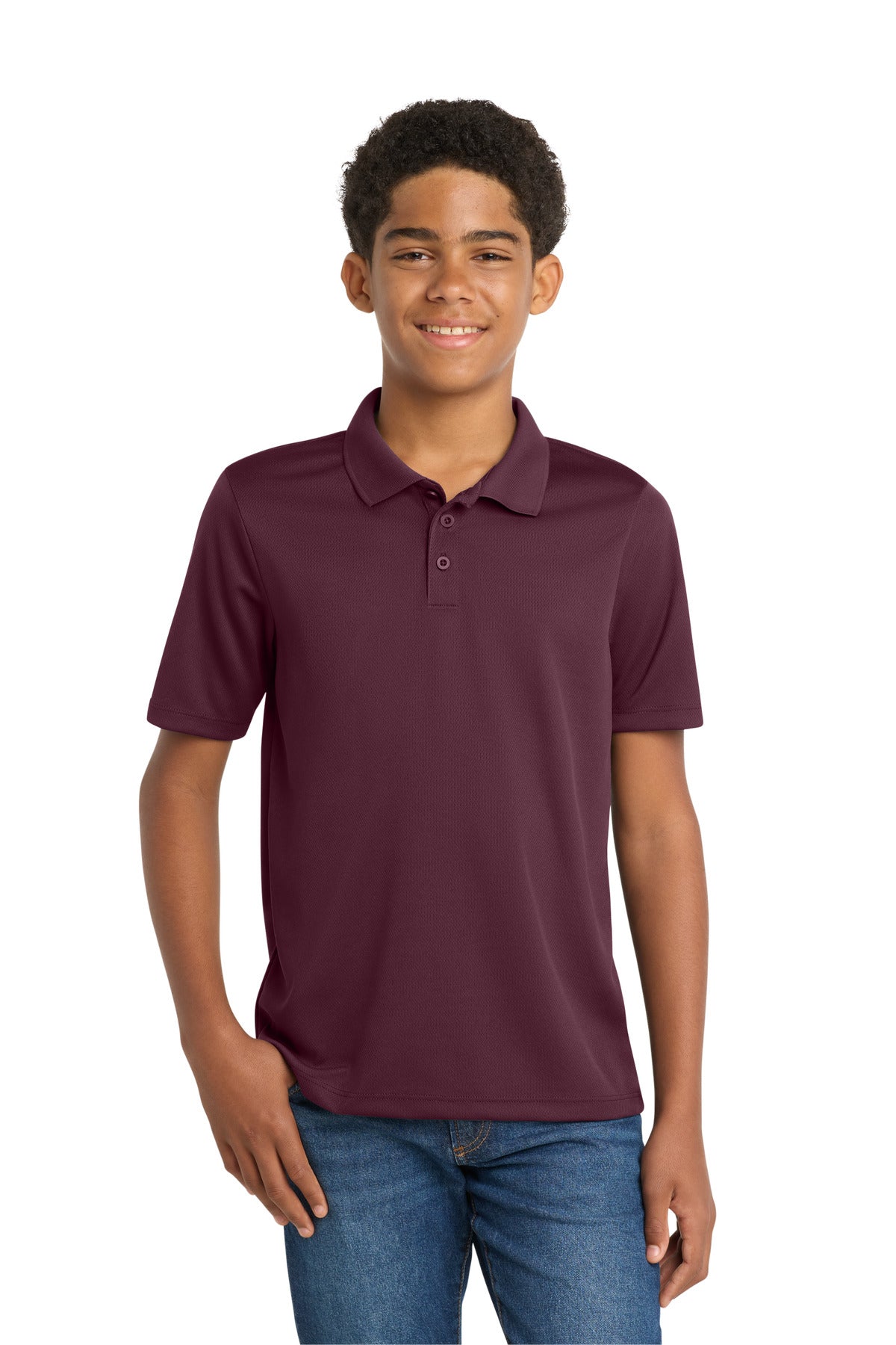 Custom Maroon Youth PosiCharge RacerMesh Polo YST640, personalized by SanCanDo Swag in Argyle, TX