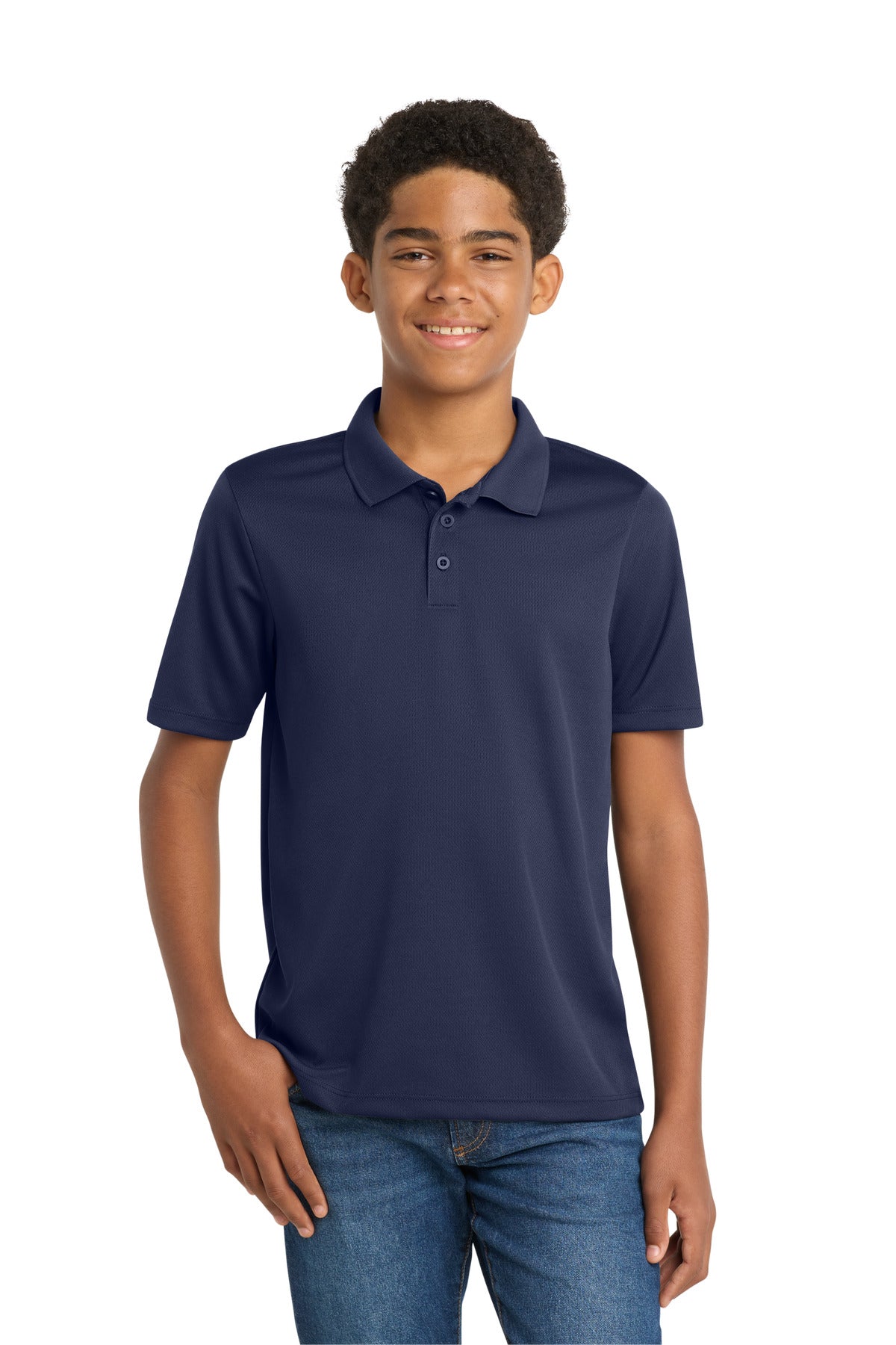 Custom True Navy Youth PosiCharge RacerMesh Polo YST640, personalized by SanCanDo Swag in Argyle, TX