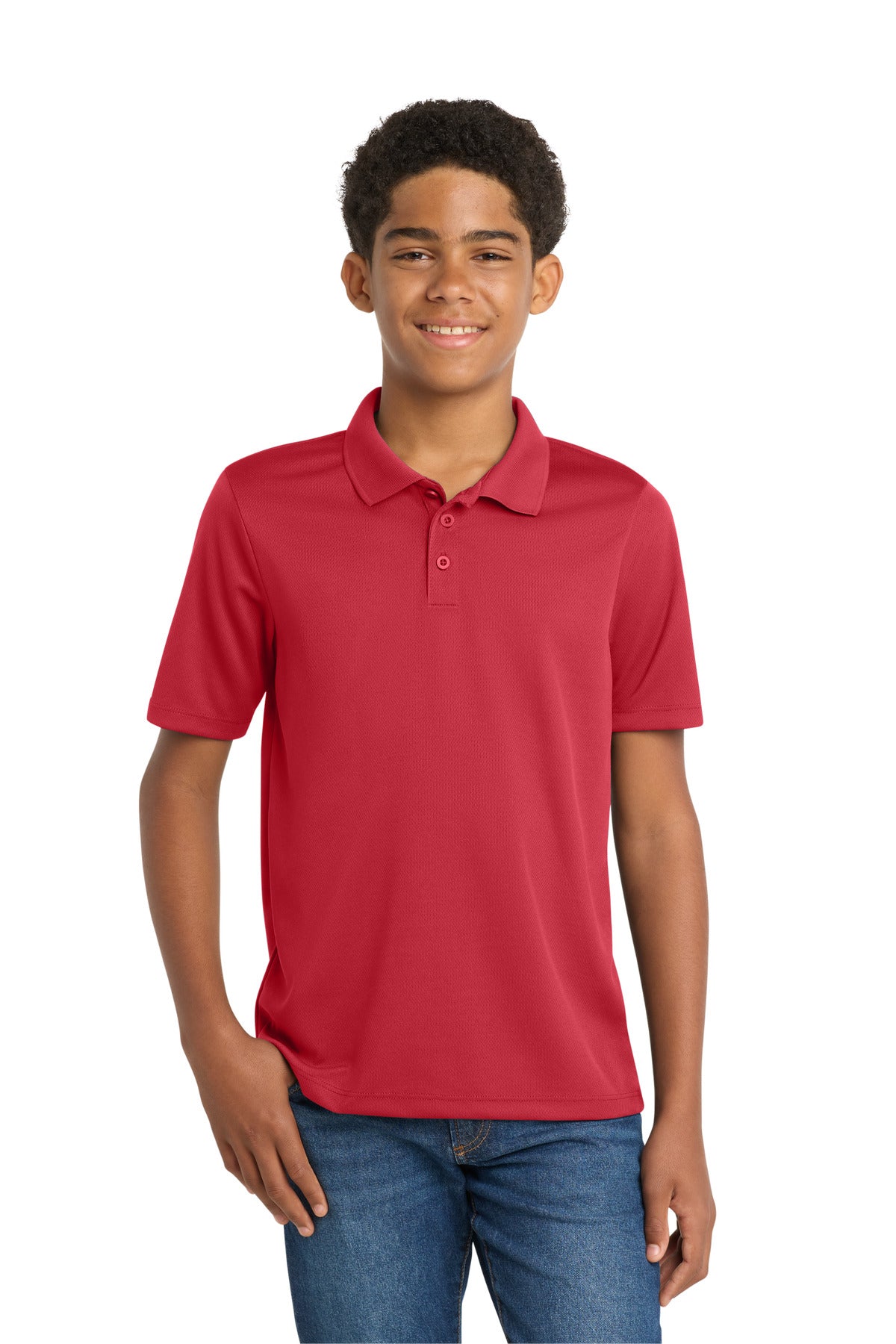 Custom True Red Youth PosiCharge RacerMesh Polo YST640, personalized by SanCanDo Swag in Argyle, TX
