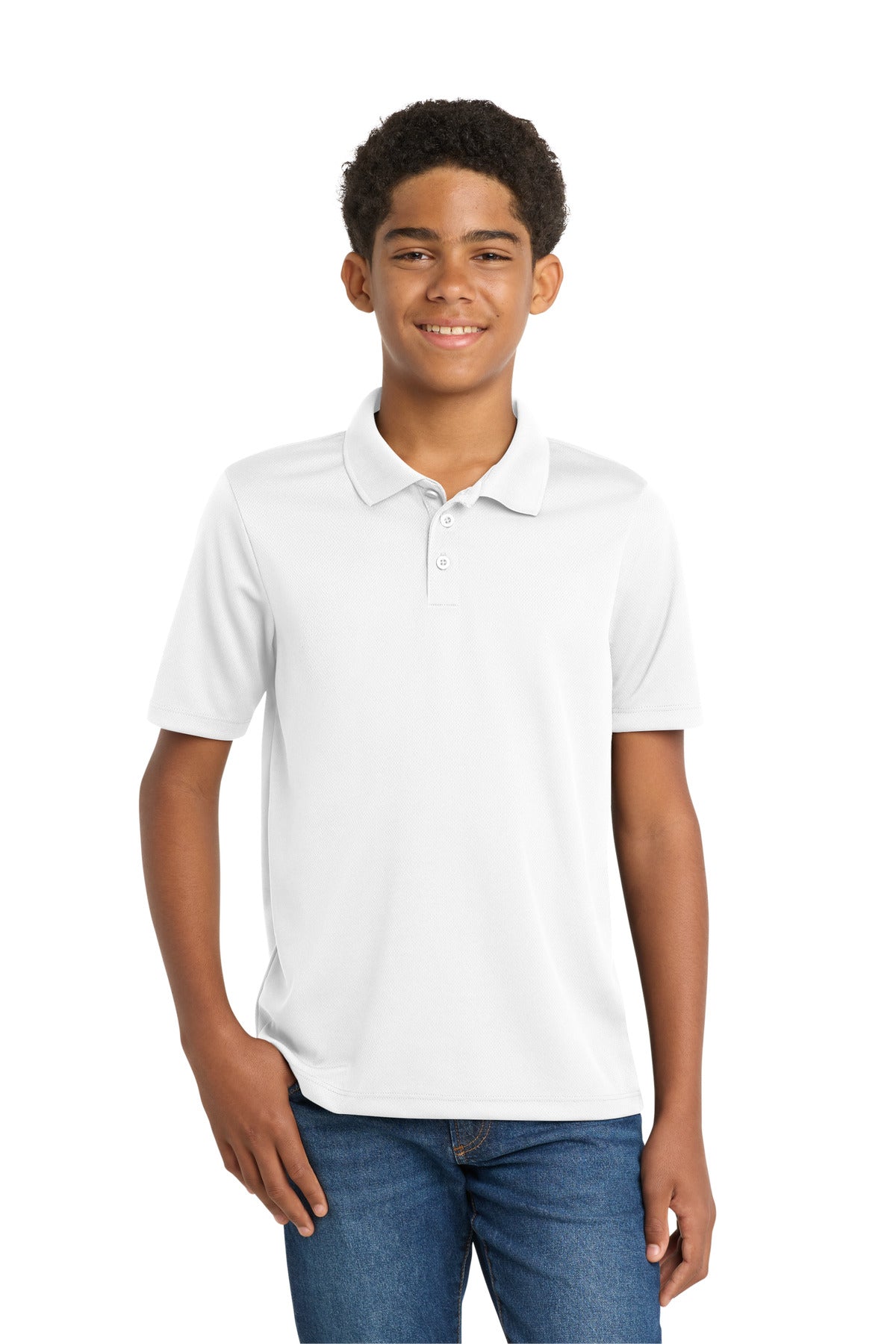 Custom White Youth PosiCharge RacerMesh Polo YST640, personalized by SanCanDo Swag in Argyle, TX