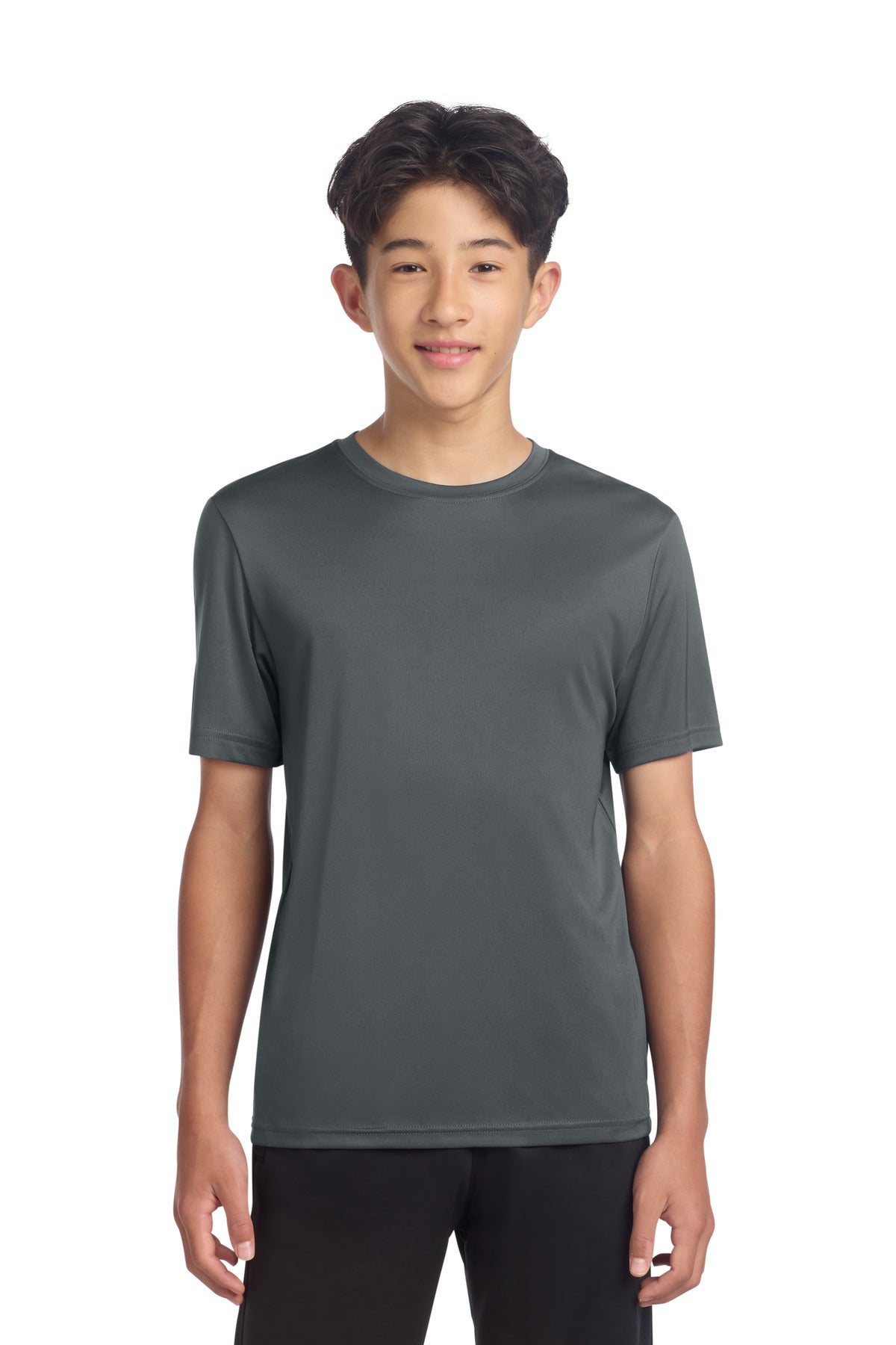 Custom Iron Grey Youth PosiCharge Re-Compete Tee YST720, personalized by SanCanDo Swag in Argyle, TX