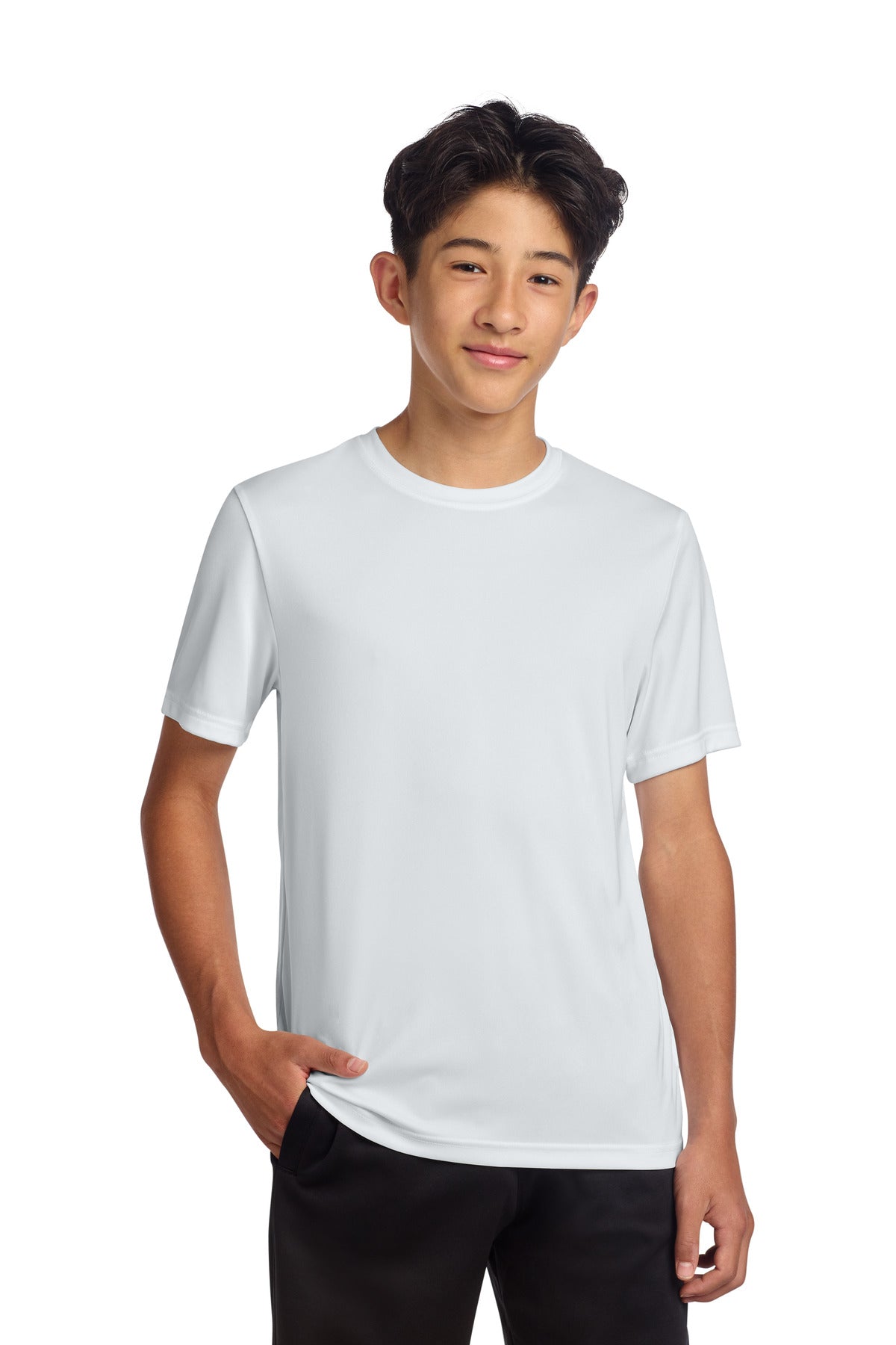 Custom White Youth PosiCharge Re-Compete Tee YST720, personalized by SanCanDo Swag in Argyle, TX