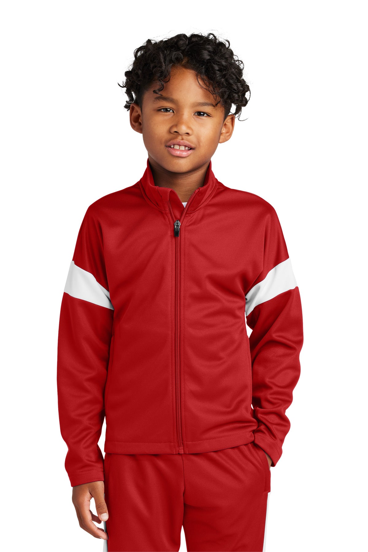 Custom Deep Red/ White Youth Travel Full-Zip Jacket YST800, personalized by SanCanDo Swag in Argyle, TX