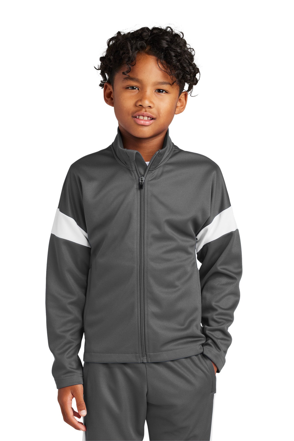 Custom Iron Grey/ White Youth Travel Full-Zip Jacket YST800, personalized by SanCanDo Swag in Argyle, TX