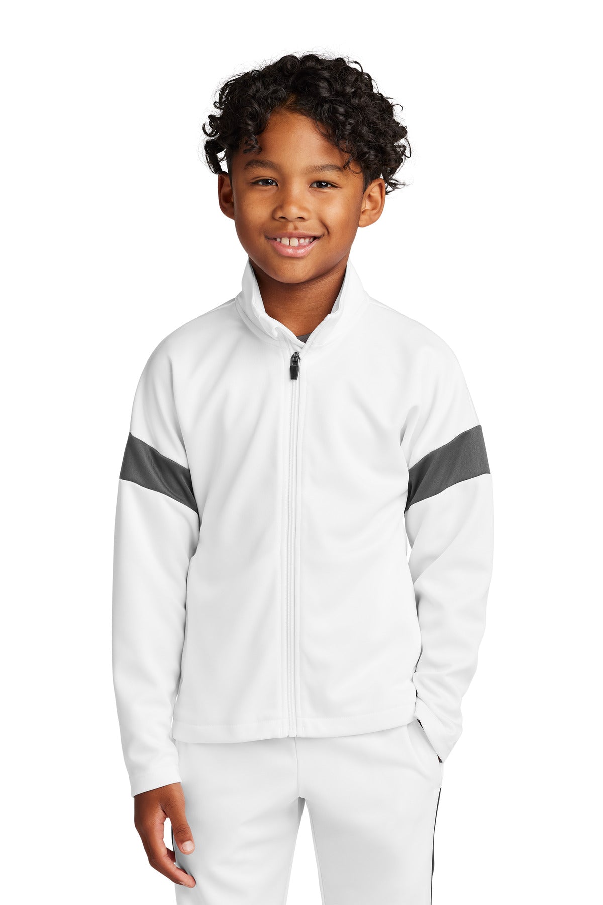 Custom White/ Iron Grey Youth Travel Full-Zip Jacket YST800, personalized by SanCanDo Swag in Argyle, TX