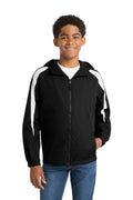 Custom Black/ White Youth Fleece-Lined Colorblock Jacket YST81, personalized by SanCanDo Swag in Argyle, TX