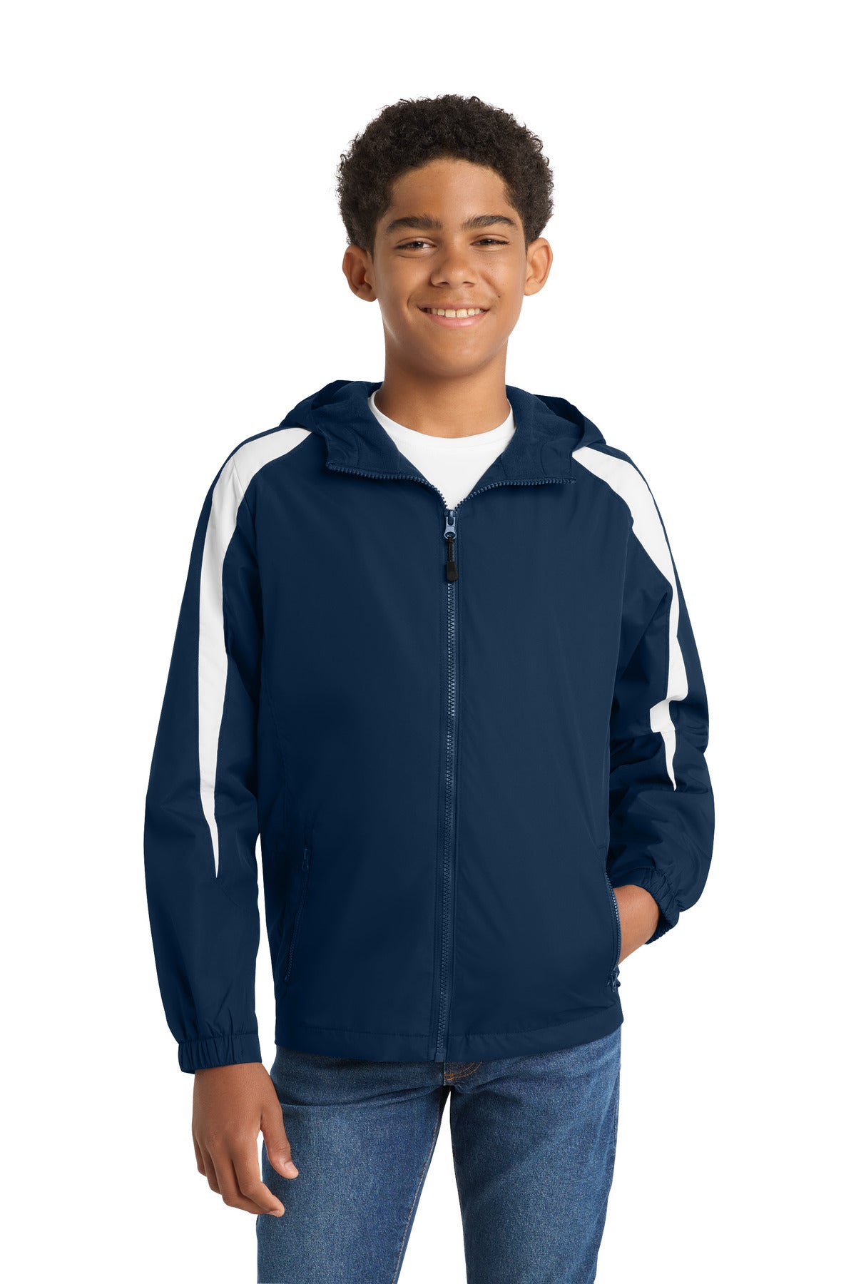 Custom True Navy/ White Youth Fleece-Lined Colorblock Jacket YST81, personalized by SanCanDo Swag in Argyle, TX
