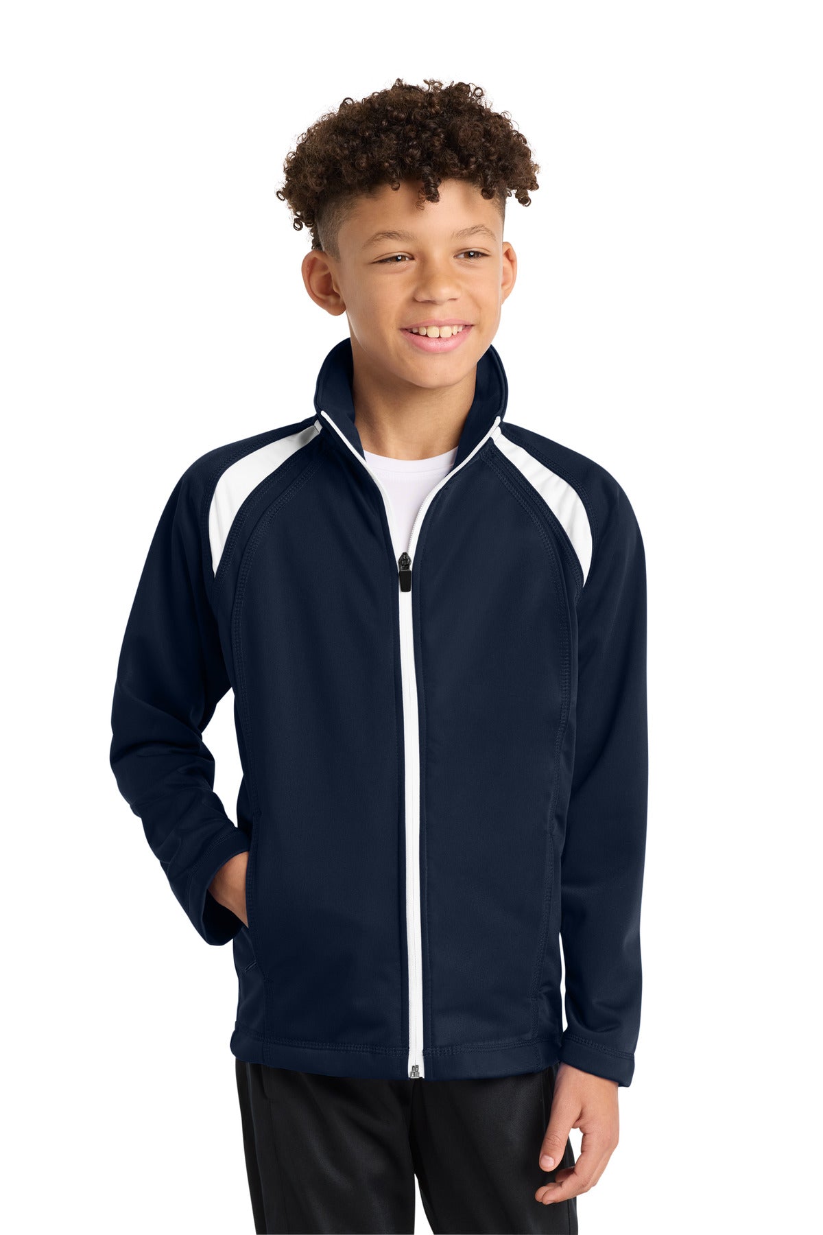 Custom True Navy/ White Youth Tricot Track Jacket YST90, personalized by SanCanDo Swag in Argyle, TX