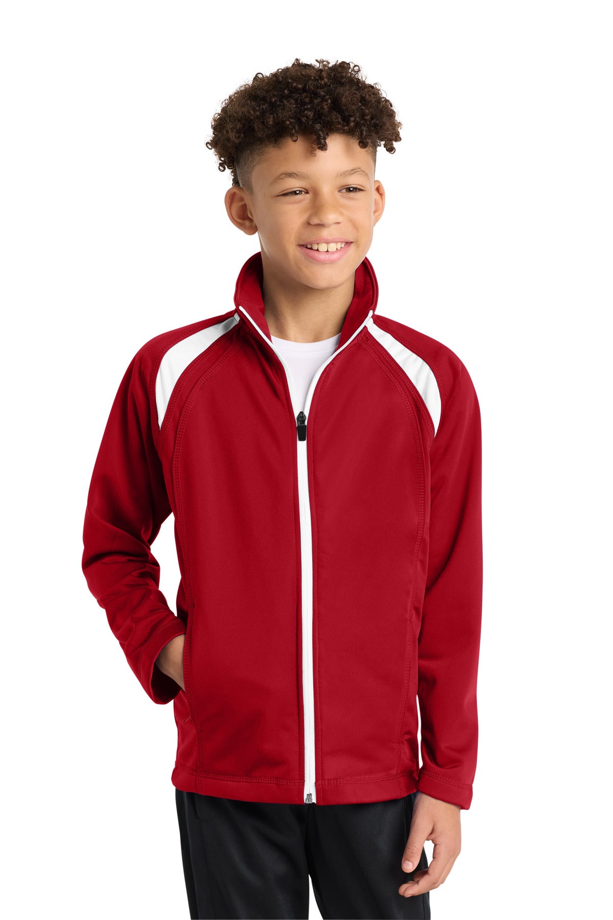 Custom True Red/ White Youth Tricot Track Jacket YST90, personalized by SanCanDo Swag in Argyle, TX