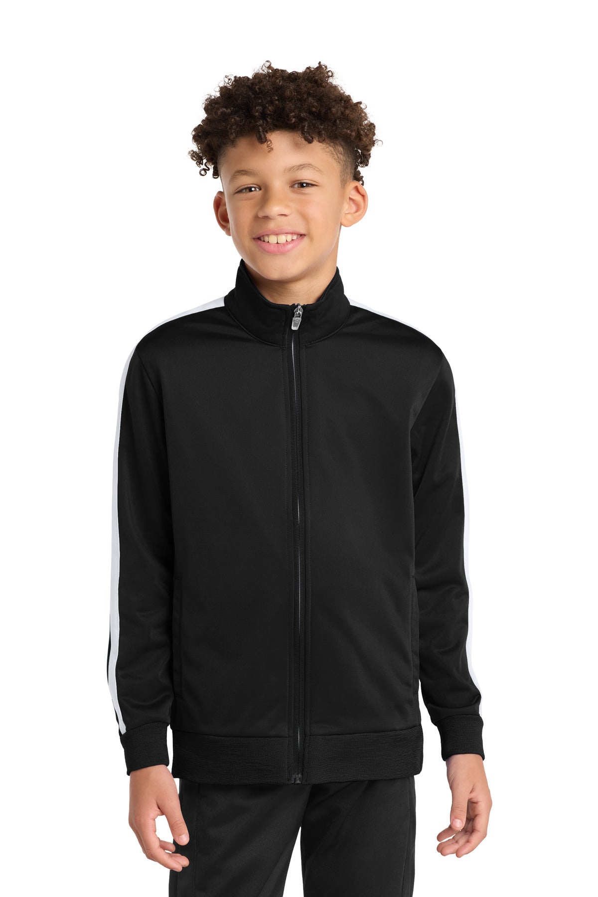 Custom Black/ White Youth Tricot Sleeve Stripe Track Jacket YST94, personalized by SanCanDo Swag in Argyle, TX