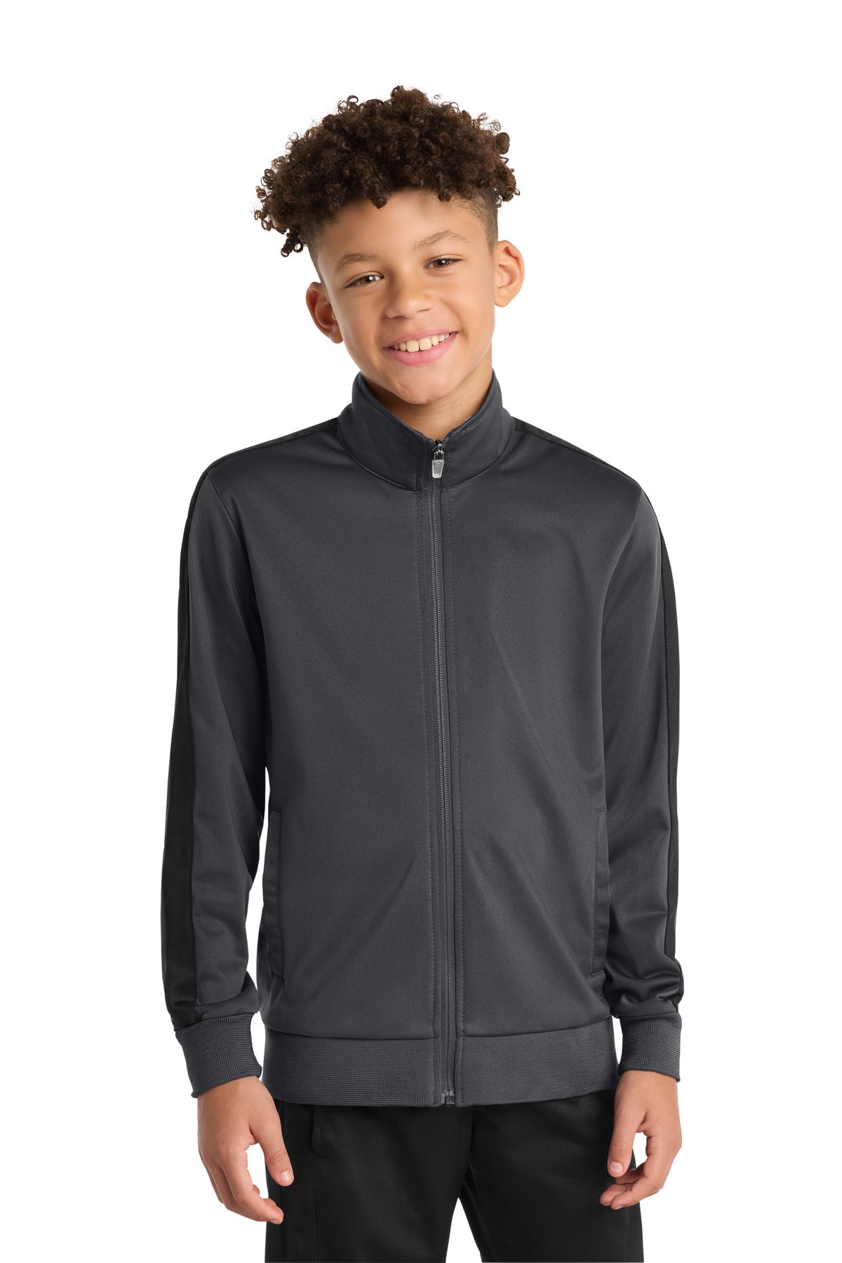 Custom Graphite/ Black Youth Tricot Sleeve Stripe Track Jacket YST94, personalized by SanCanDo Swag in Argyle, TX