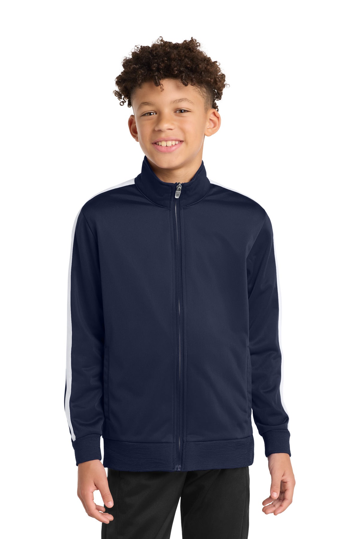 Custom True Navy/ White Youth Tricot Sleeve Stripe Track Jacket YST94, personalized by SanCanDo Swag in Argyle, TX