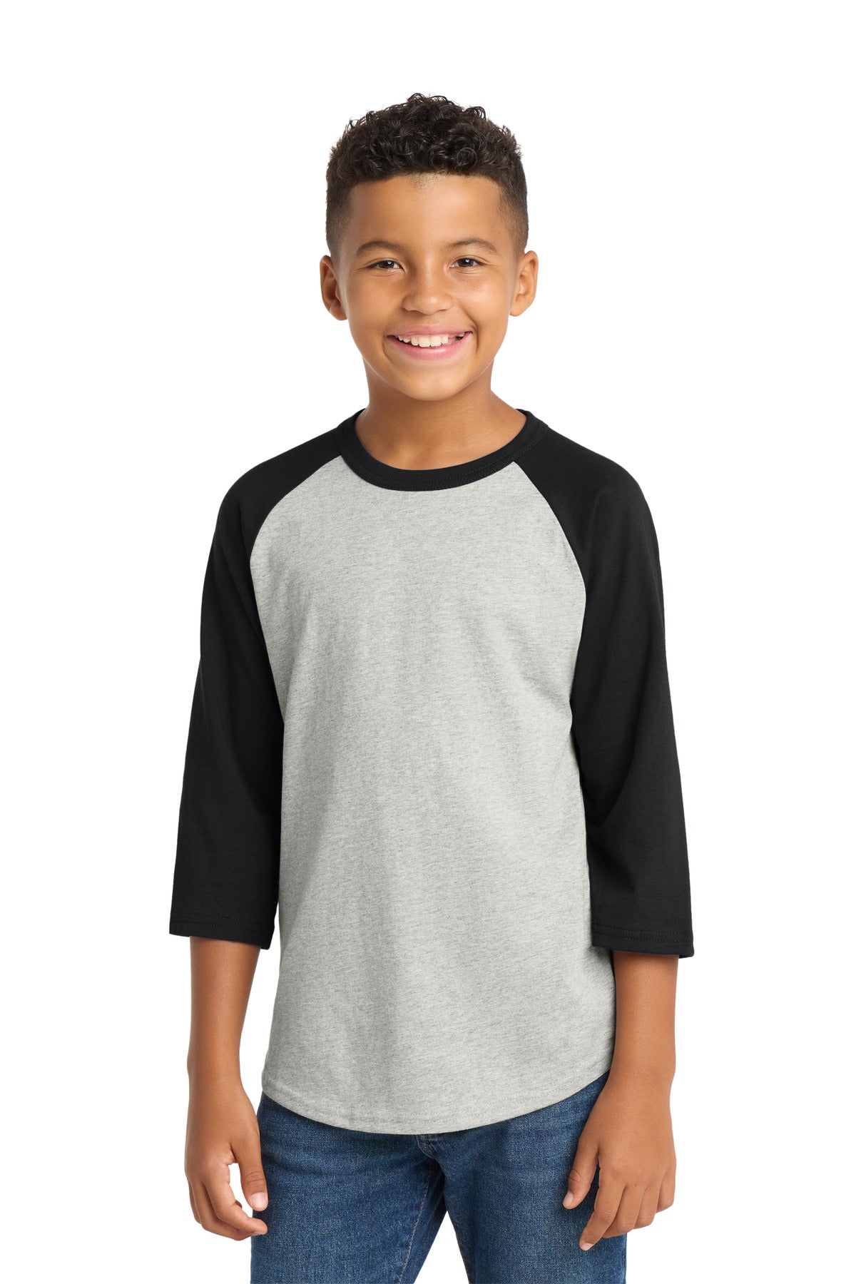 Custom Heather Grey/ Black Youth Colorblock Raglan Jersey YT200, personalized by SanCanDo Swag in Argyle, TX