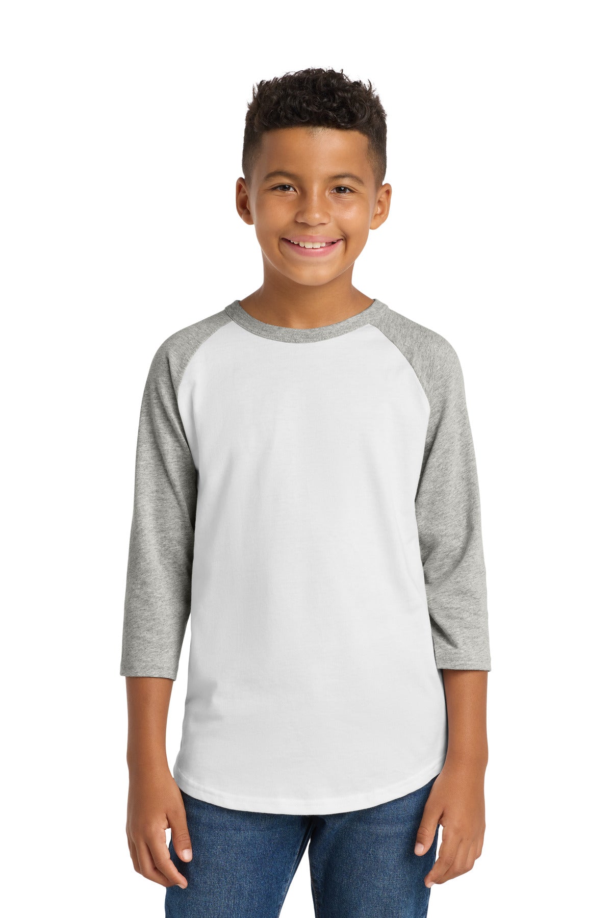 Custom White/ Heather Grey Youth Colorblock Raglan Jersey YT200, personalized by SanCanDo Swag in Argyle, TX
