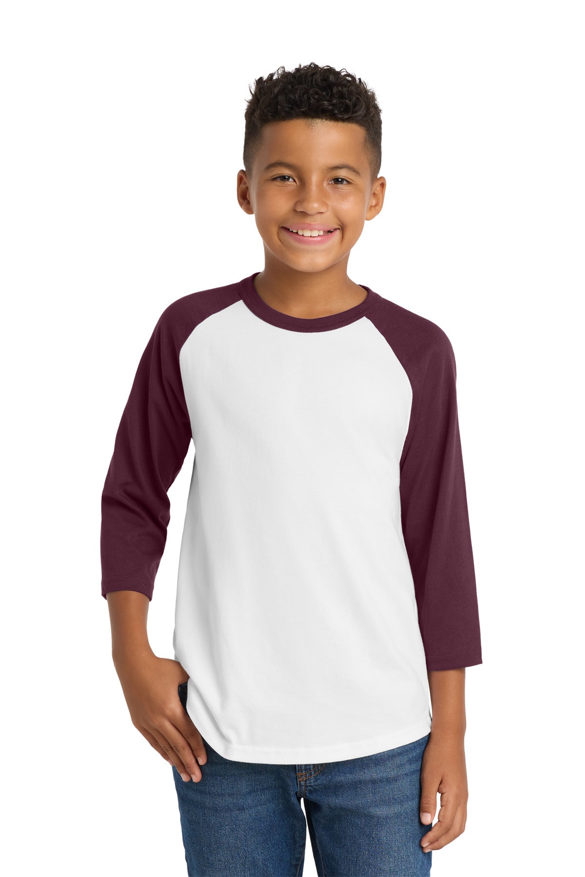 Custom White/ Maroon Youth Colorblock Raglan Jersey YT200, personalized by SanCanDo Swag in Argyle, TX
