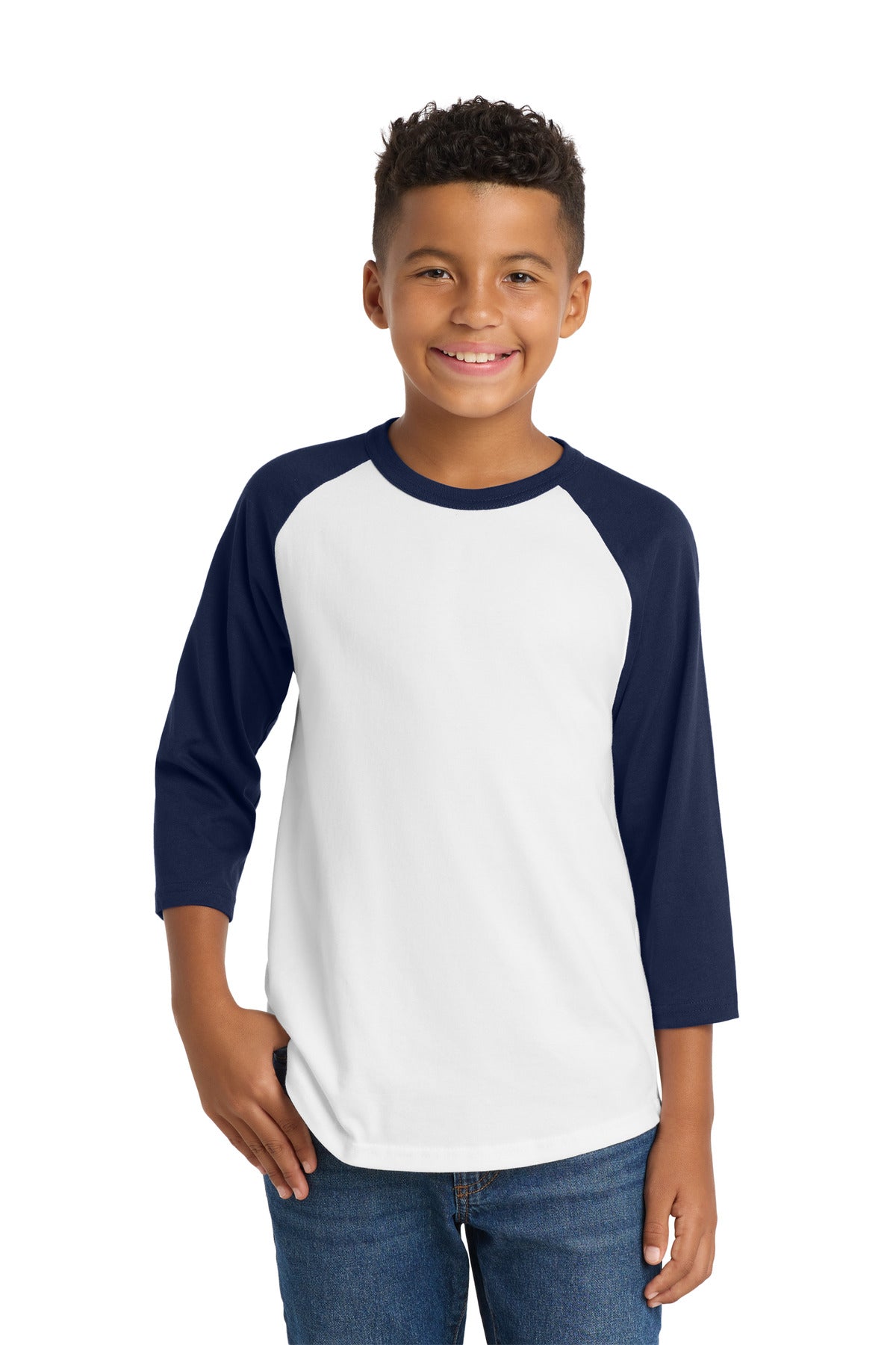 Custom White/ Navy Youth Colorblock Raglan Jersey YT200, personalized by SanCanDo Swag in Argyle, TX