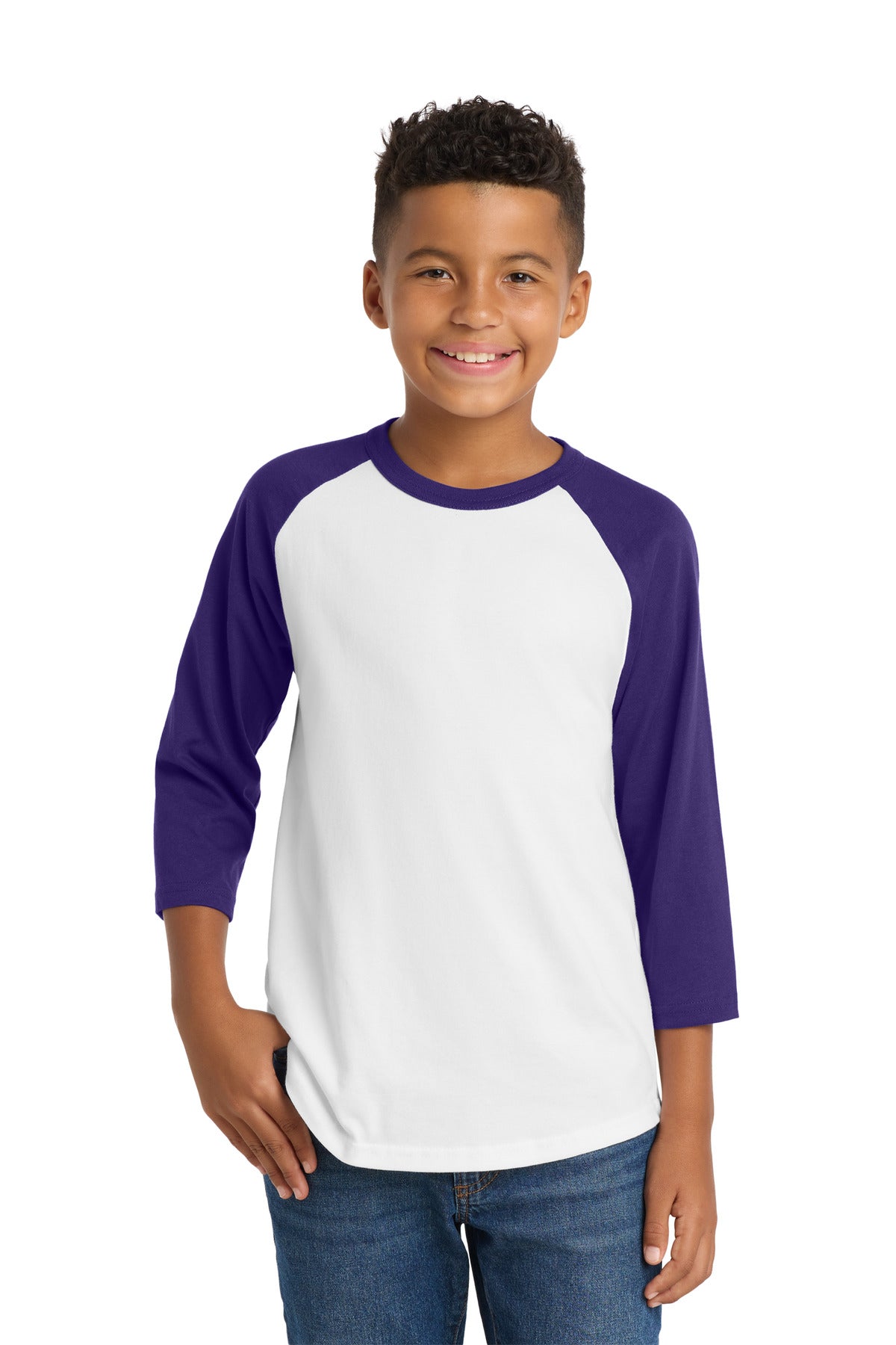 Custom White/ Purple Youth Colorblock Raglan Jersey YT200, personalized by SanCanDo Swag in Argyle, TX