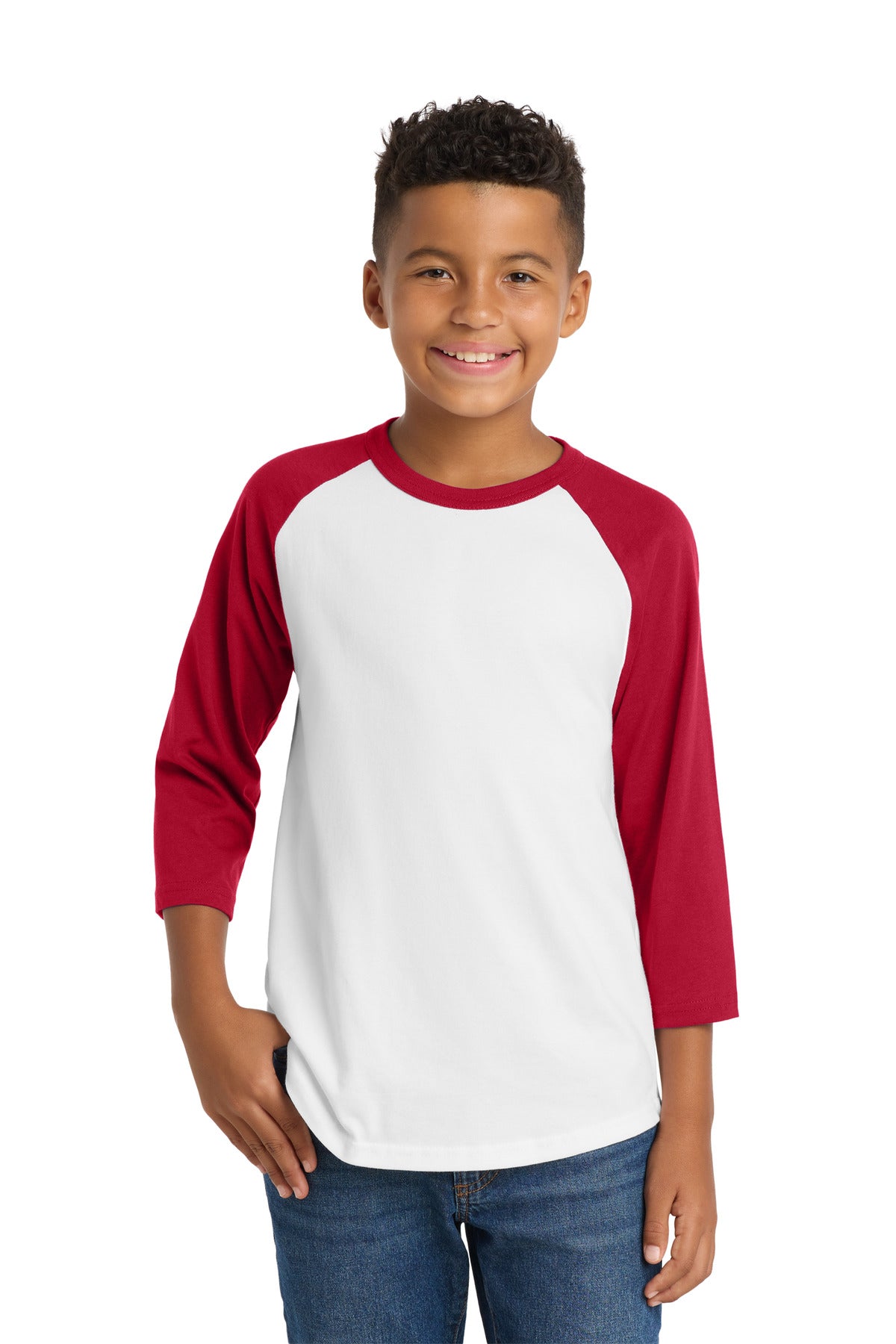 Custom White/ Red Youth Colorblock Raglan Jersey YT200, personalized by SanCanDo Swag in Argyle, TX