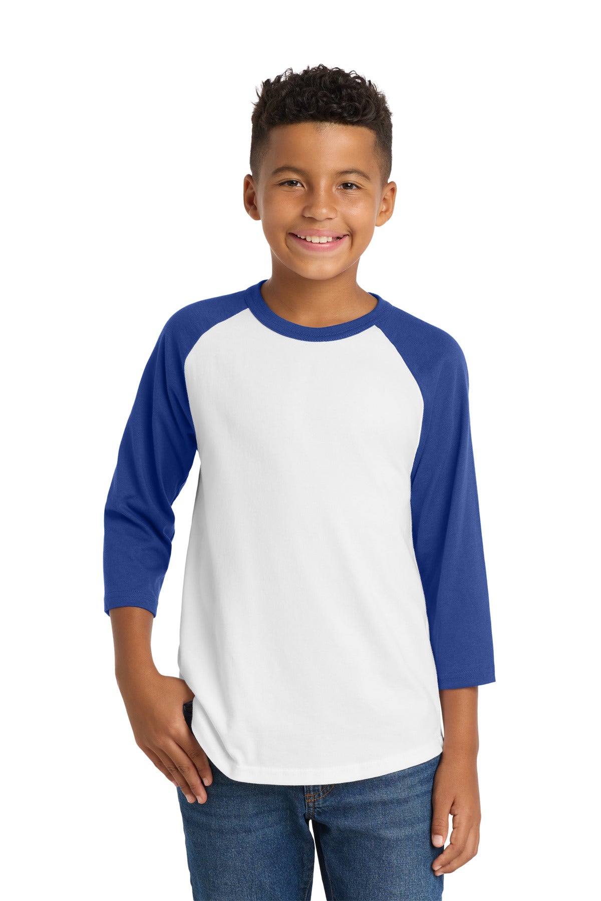 Custom White/ Royal Youth Colorblock Raglan Jersey YT200, personalized by SanCanDo Swag in Argyle, TX