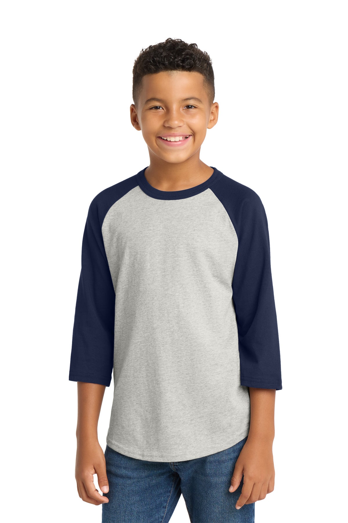 Custom Heather Grey/ Navy Youth Colorblock Raglan Jersey YT200, personalized by SanCanDo Swag in Argyle, TX