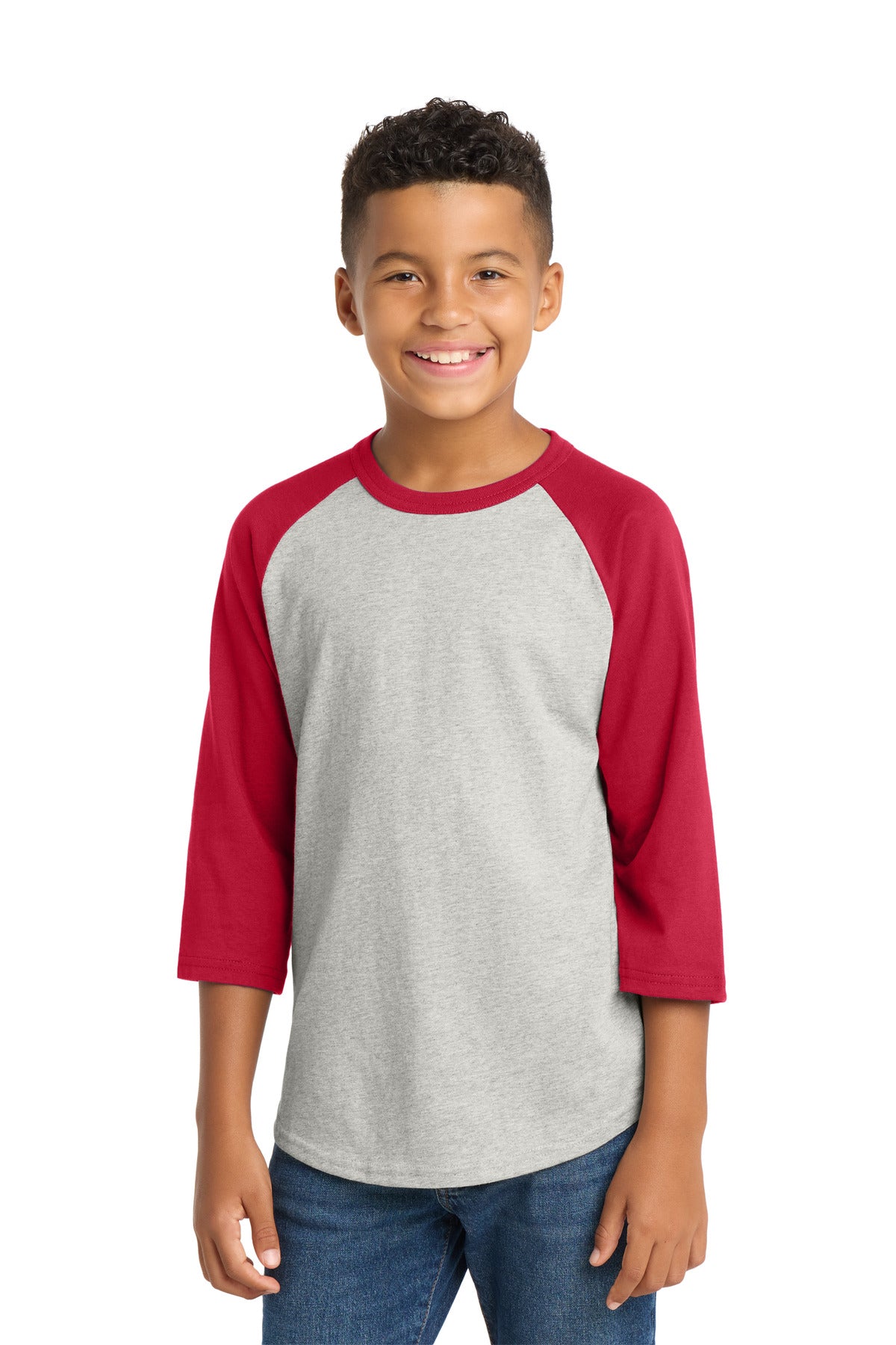 Custom Heather Grey/ Red Youth Colorblock Raglan Jersey YT200, personalized by SanCanDo Swag in Argyle, TX